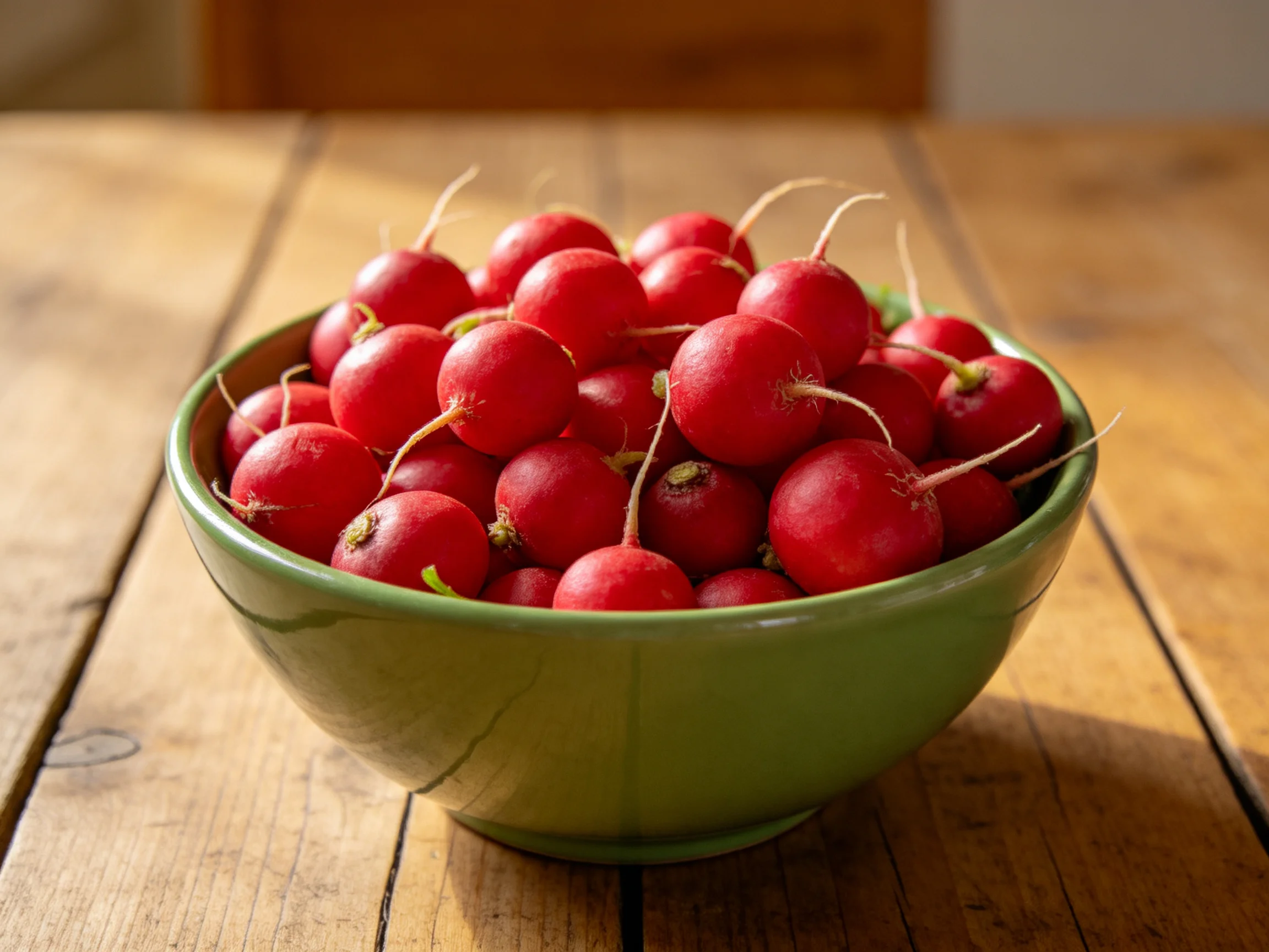 A glossy green bowl brimming with red radishes sits on a wooden table