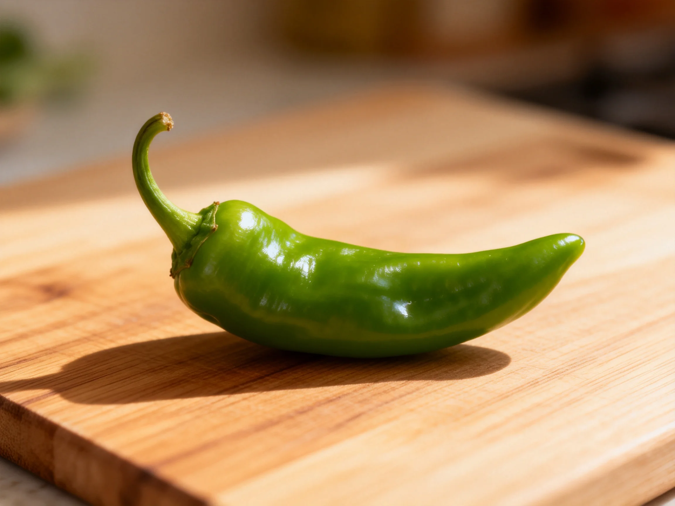 A glossy green chili pepper rests on a wooden cutting board