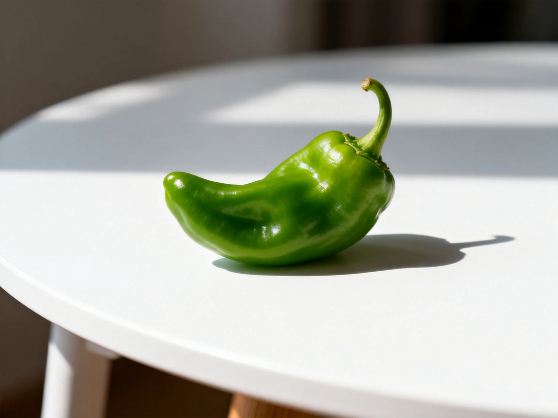 A glossy green pepper rests on a minimalist white round table