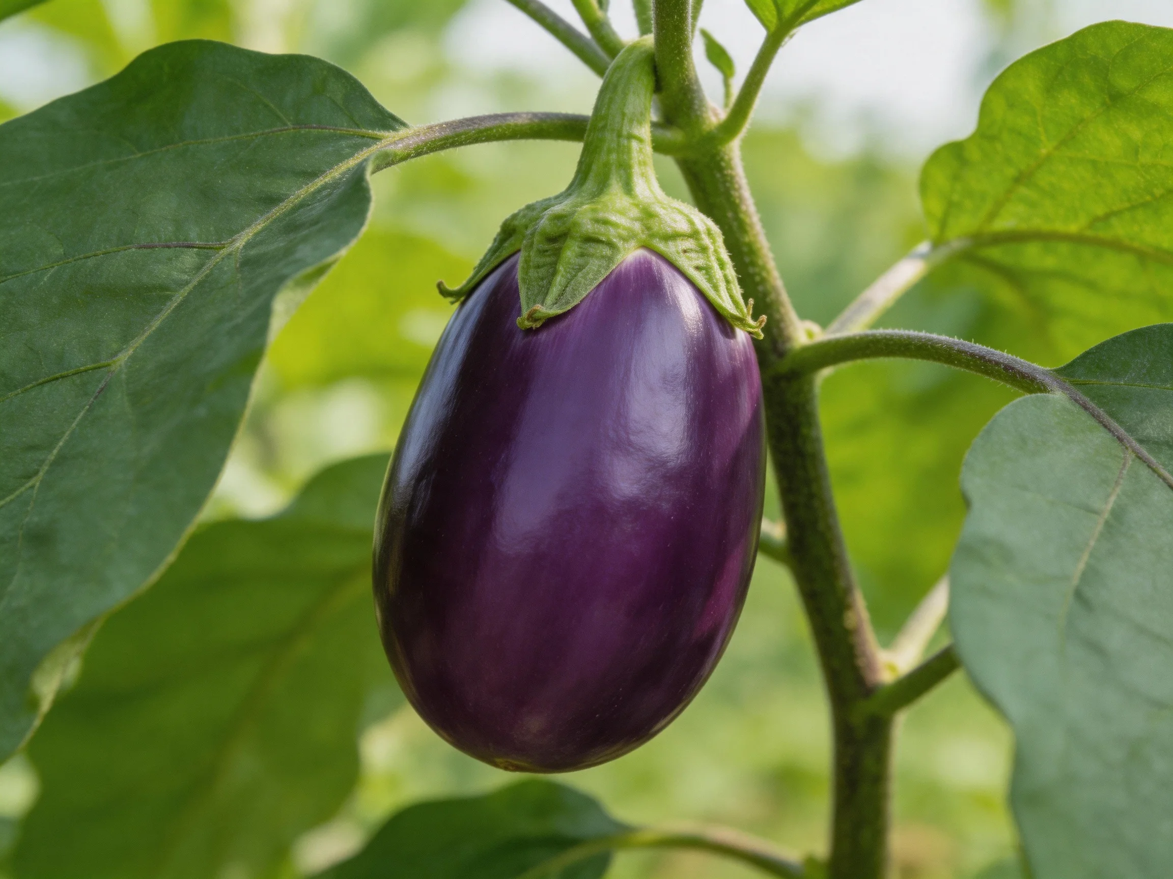 A glossy purple eggplant hanging from a green leafy plant