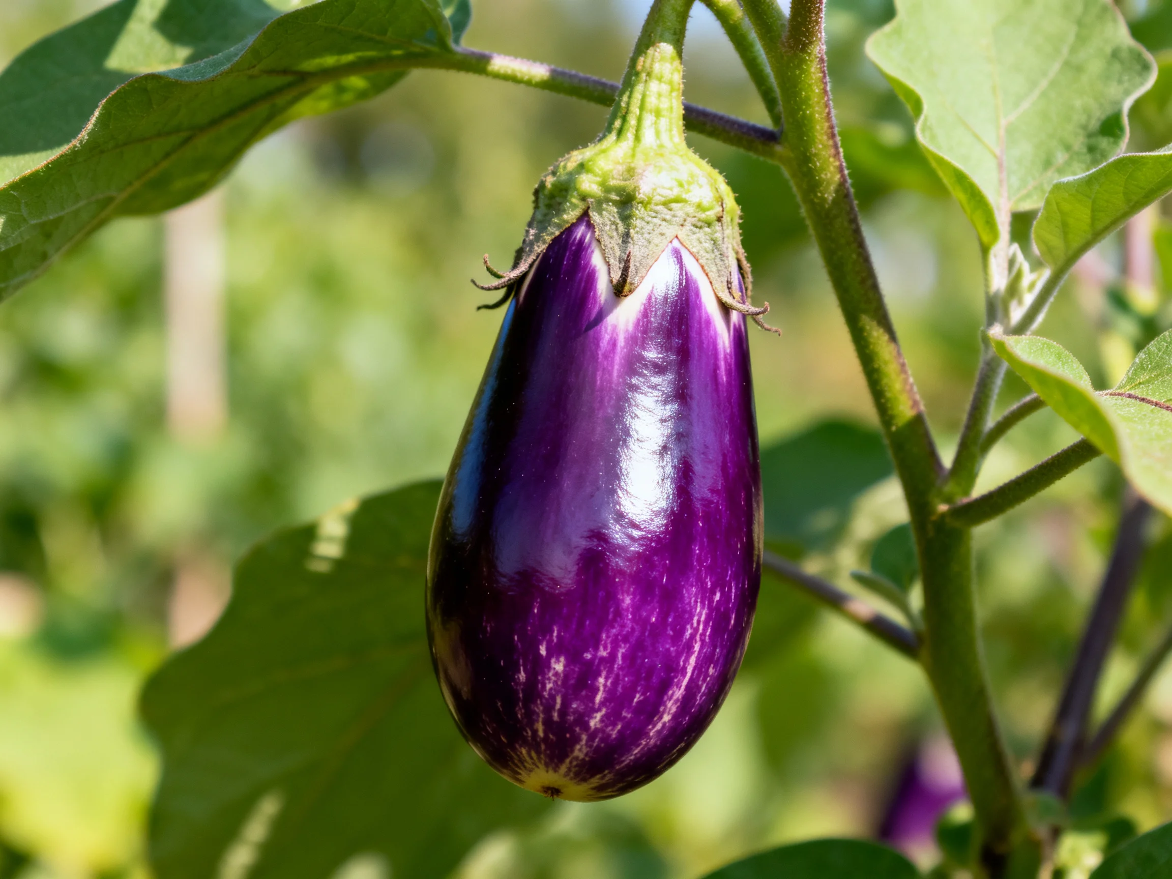 A glossy purple eggplant hangs from a leafy green plant