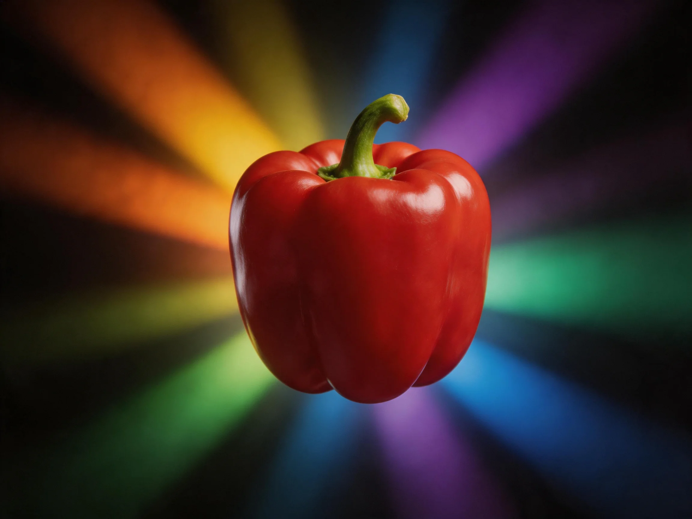 A glossy red bell pepper centered amid rainbow-colored radial light beams