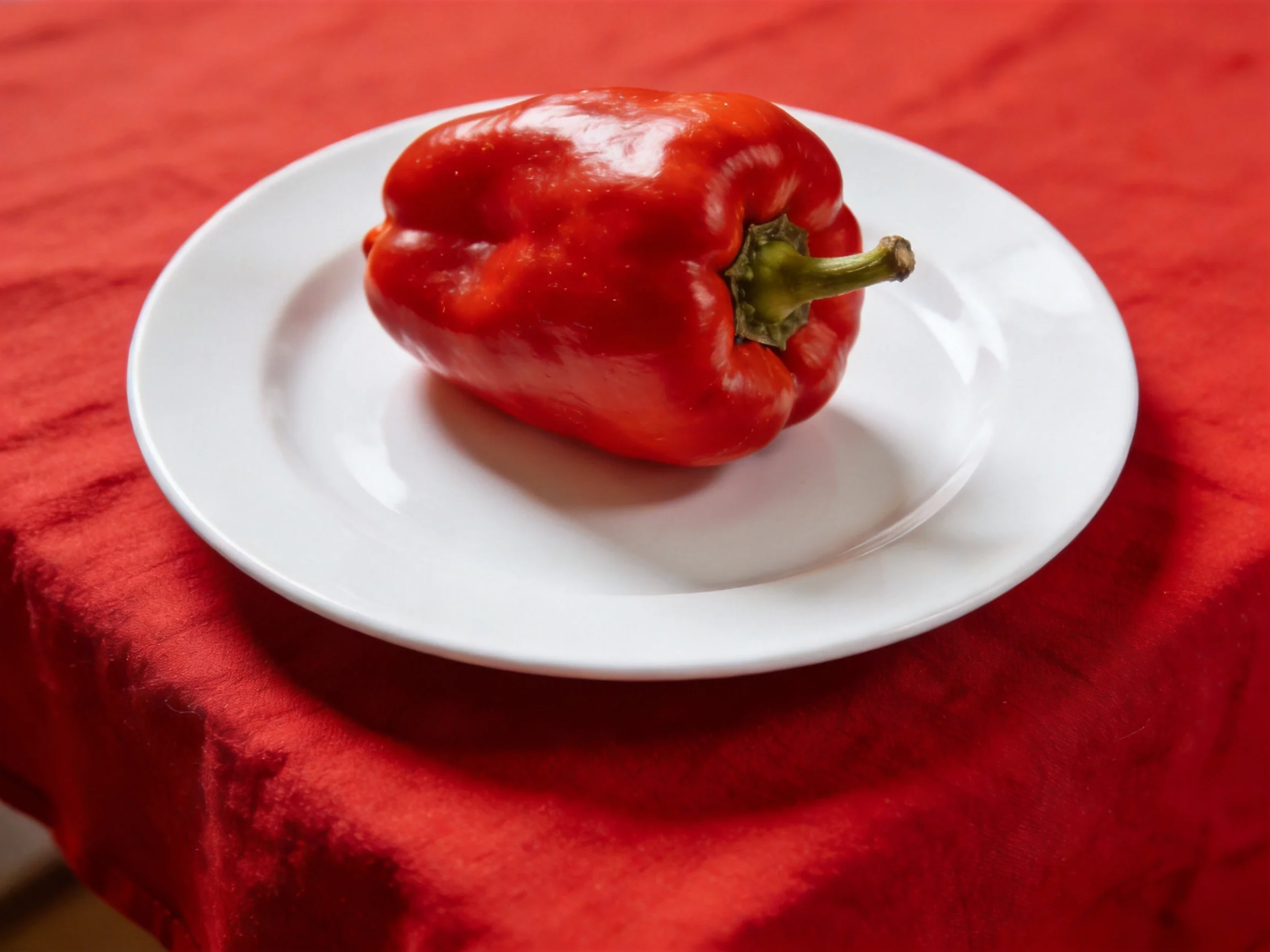 A glossy red bell pepper on a plain white plate with red fabric backdrop
