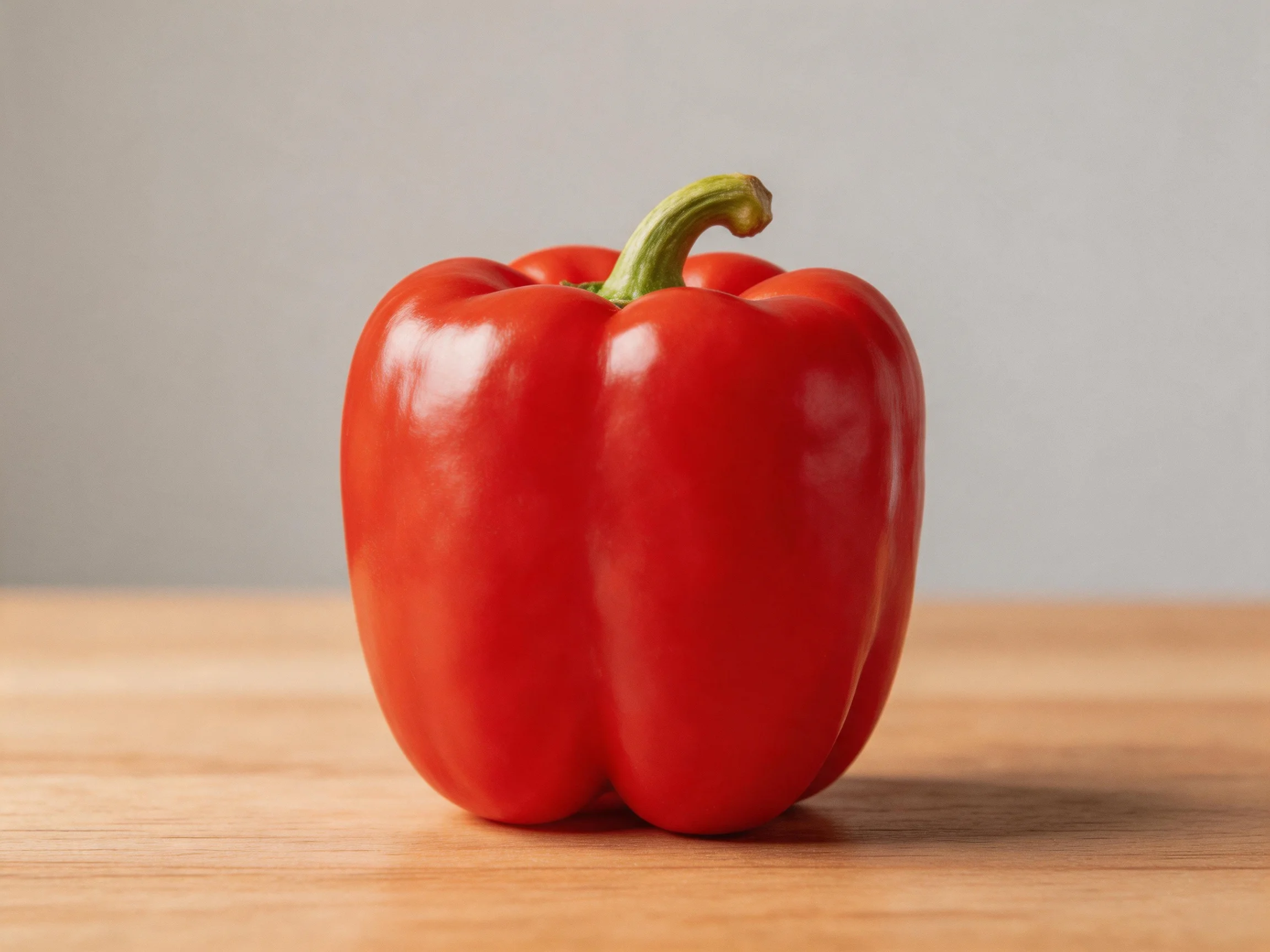 A glossy red bell pepper sits atop a smooth wooden surface with a plain gray wall behind