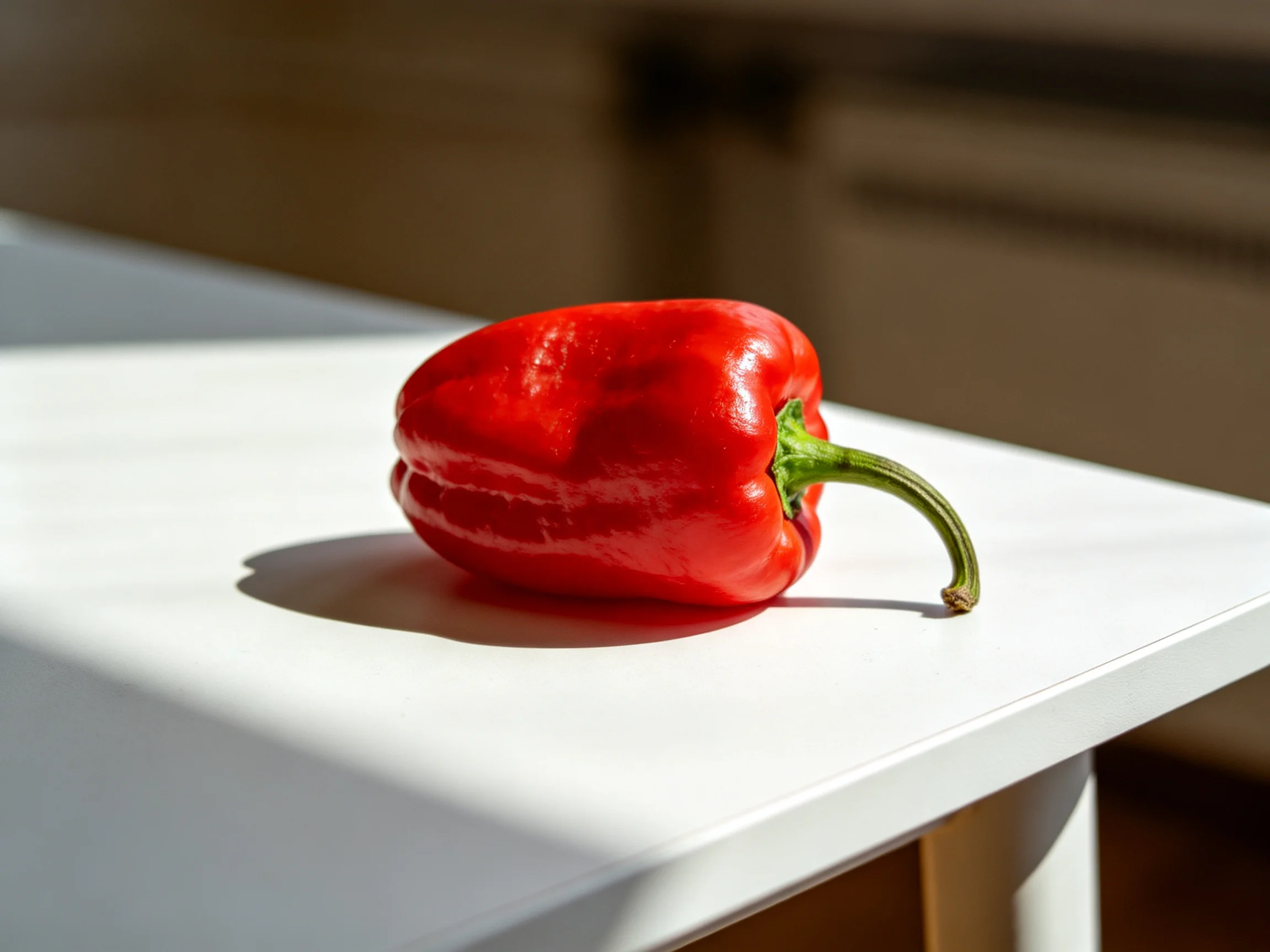 A glossy red bell pepper sits on a smooth white table