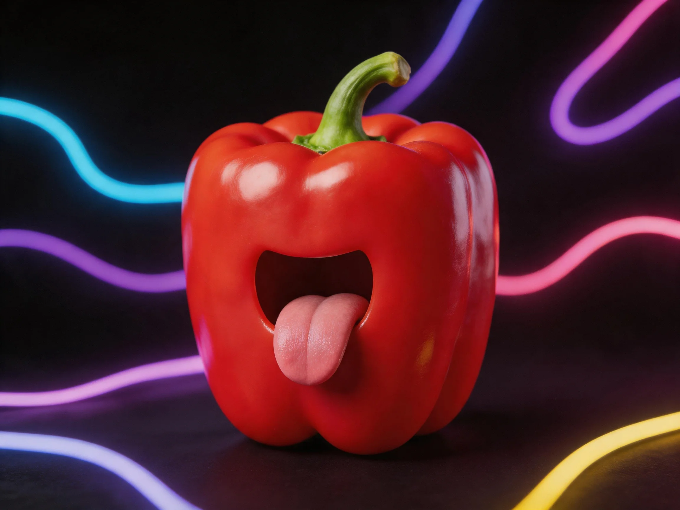 A glossy red bell pepper with a protruding tongue, surrounded by colorful neon light trails