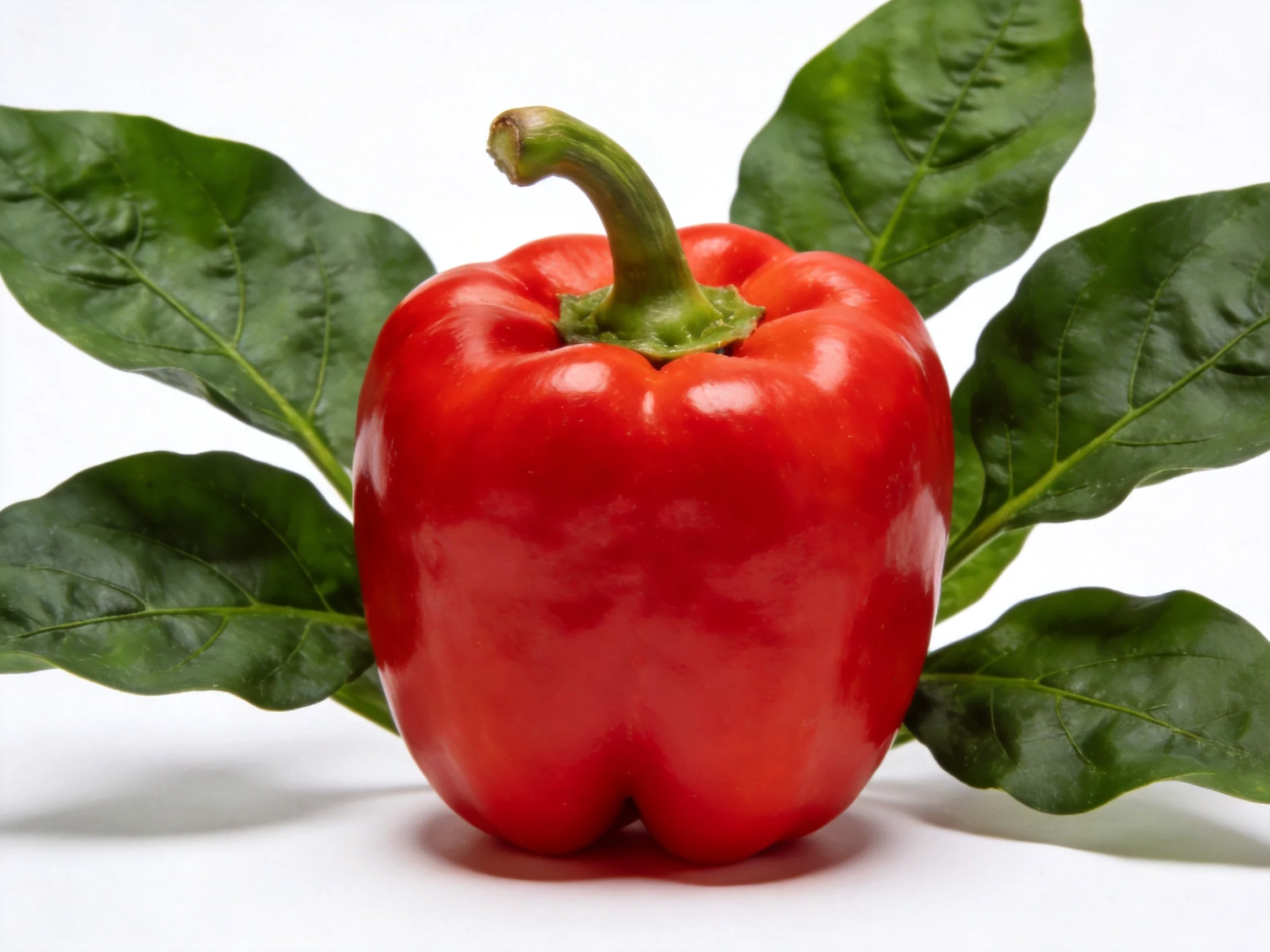 A glossy red bell pepper with broad green leaves