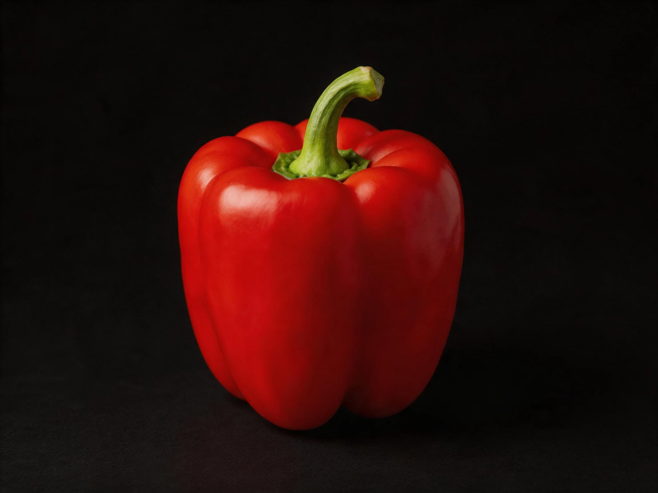 A glossy red bell pepper with green stem centered on a black background