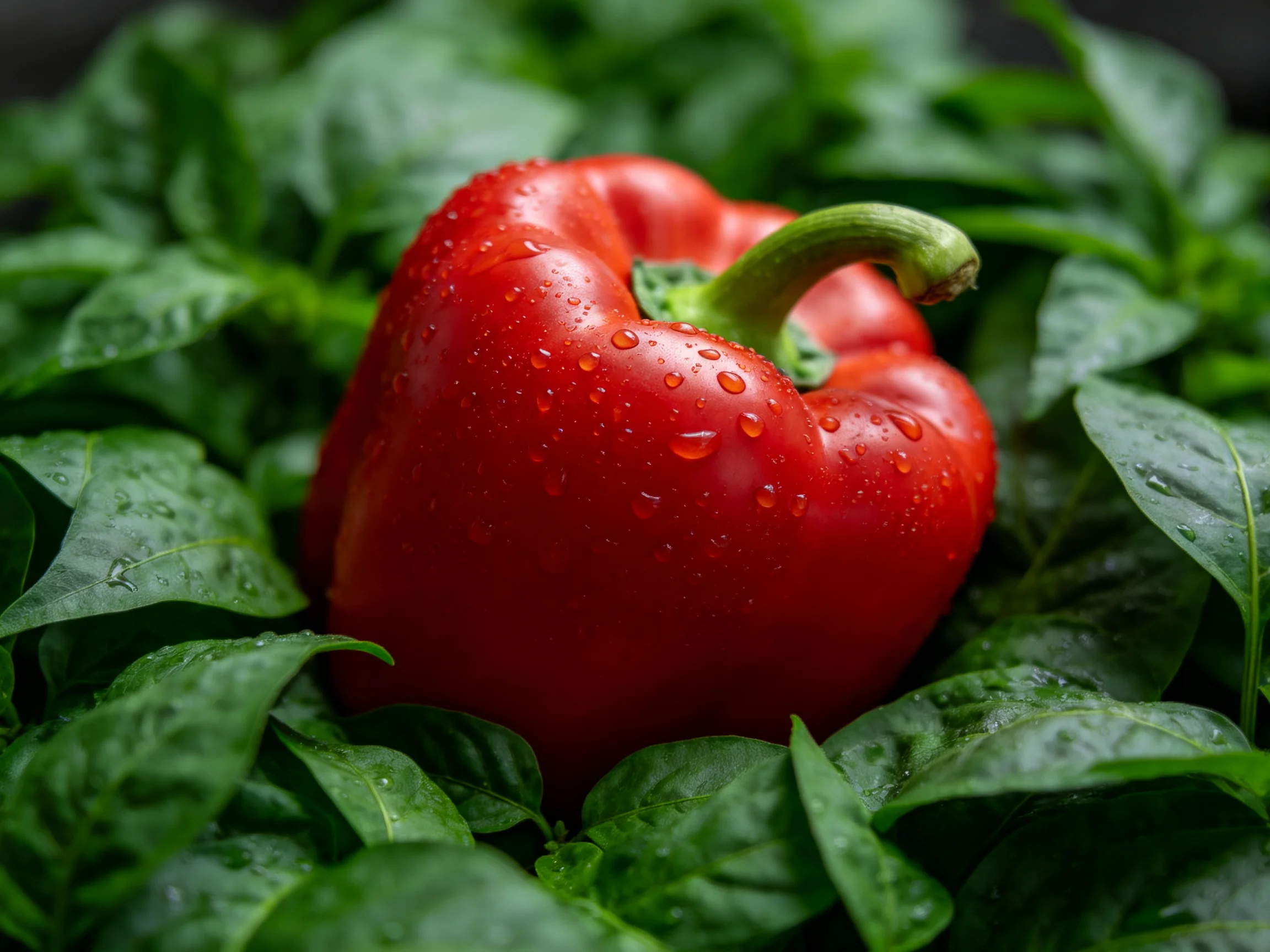 A glossy red bell pepper with water droplets amid lush green foliage