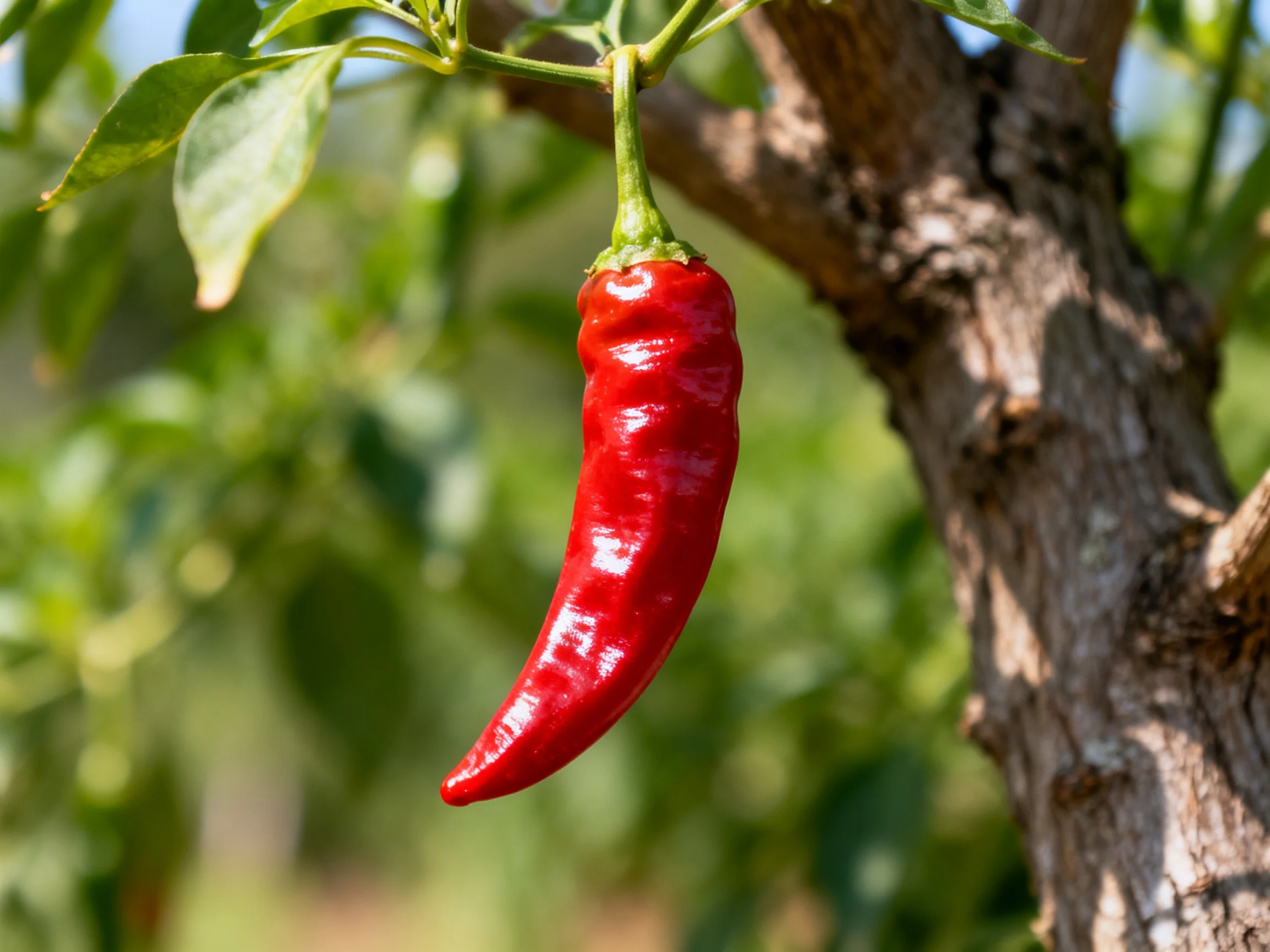 A glossy red chili pepper hangs from a leafy plant near a textured tree trunk