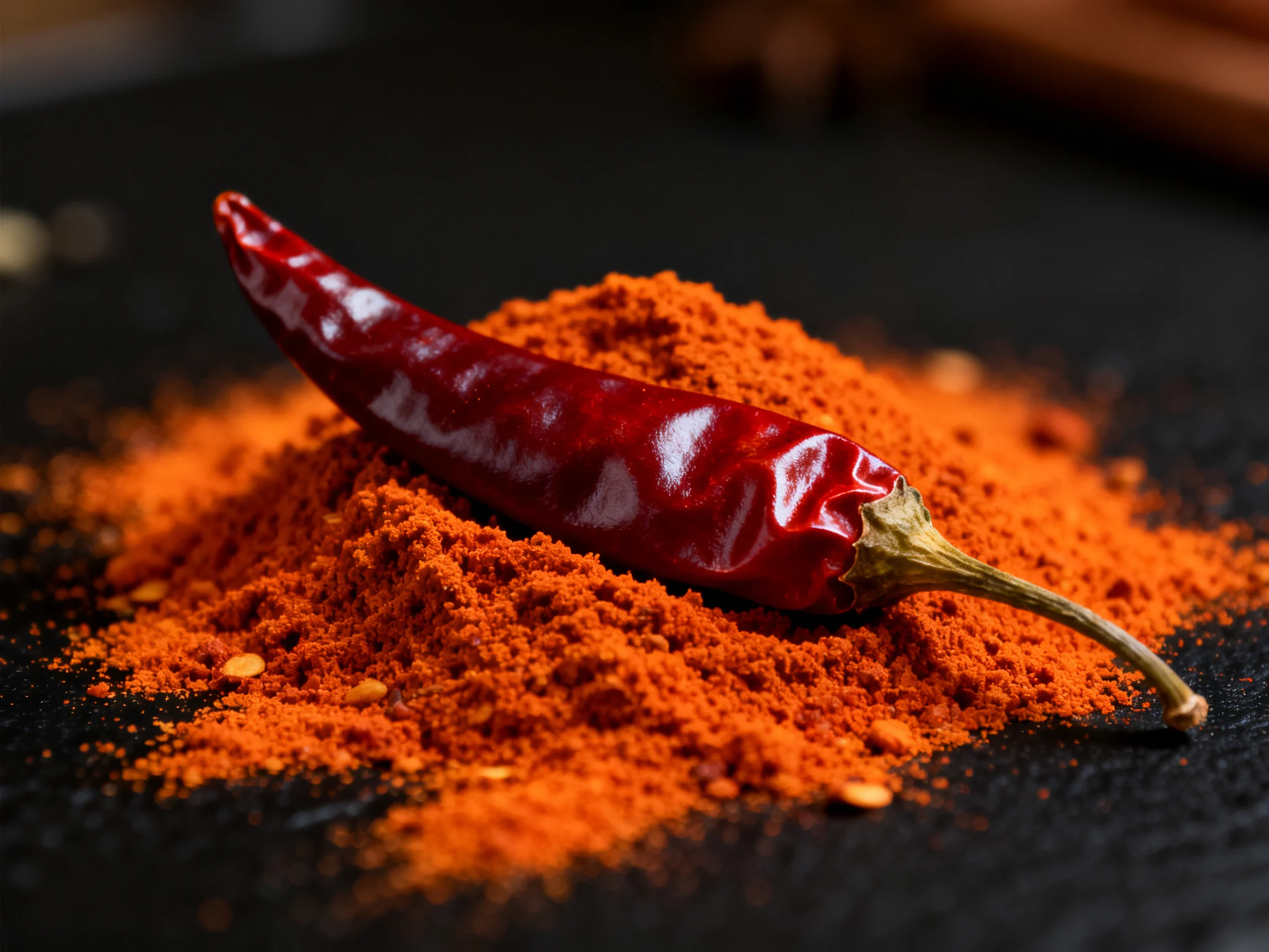 A glossy red chili rests atop a mound of vibrant orange-red spice powder