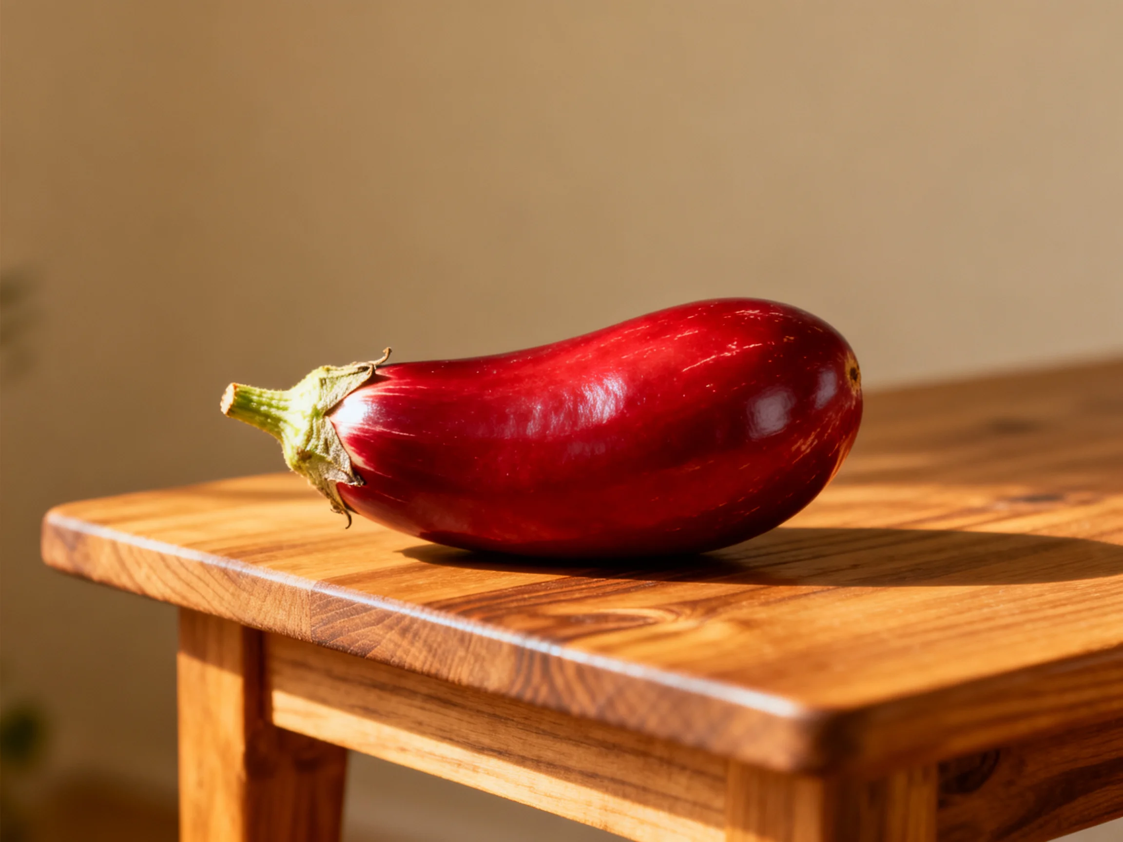 A glossy red eggplant resting on a polished wooden table