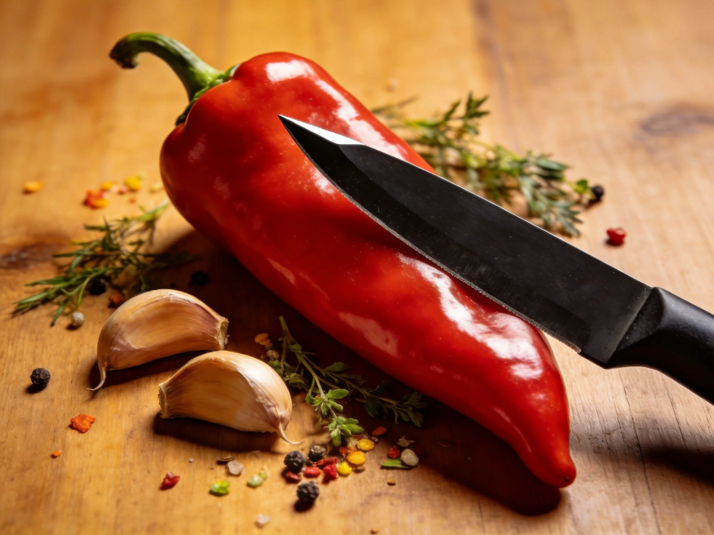 A glossy red pepper being sliced near garlic cloves and fresh herbs on a wooden surface