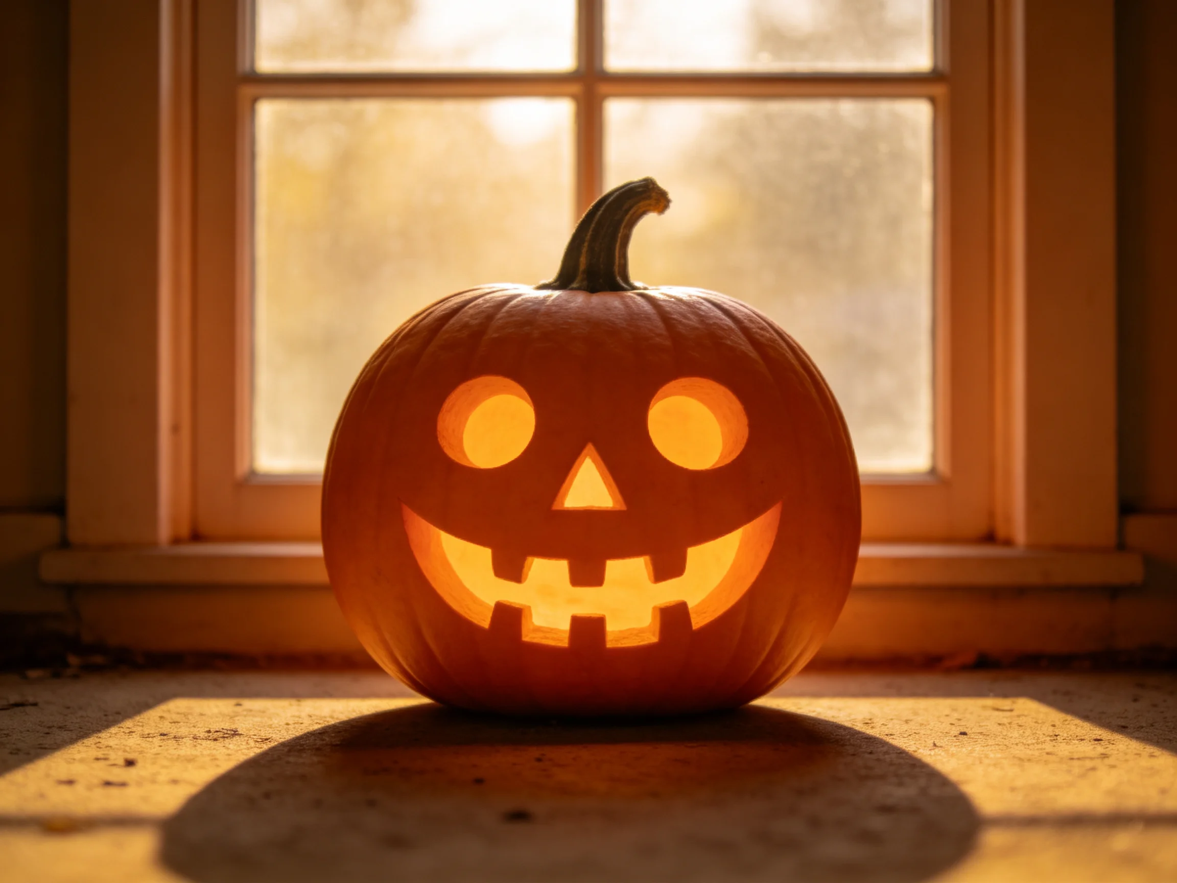 A glowing jack - o - lantern pumpkin near a sunlit window