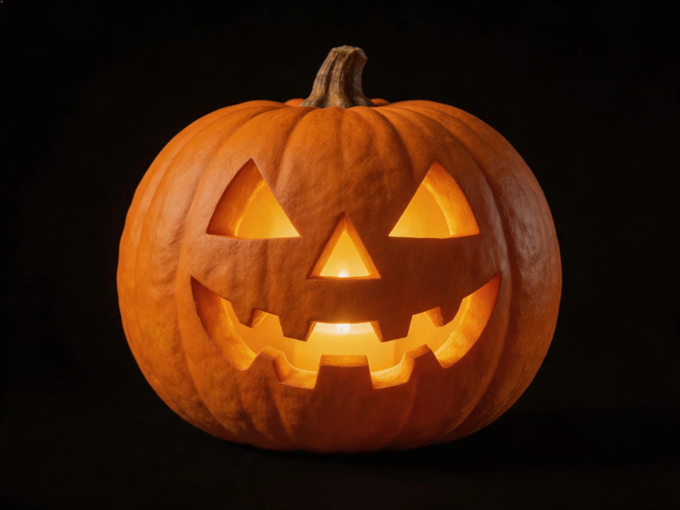 A glowing orange jack-o-lantern with triangular eyes and jagged mouth