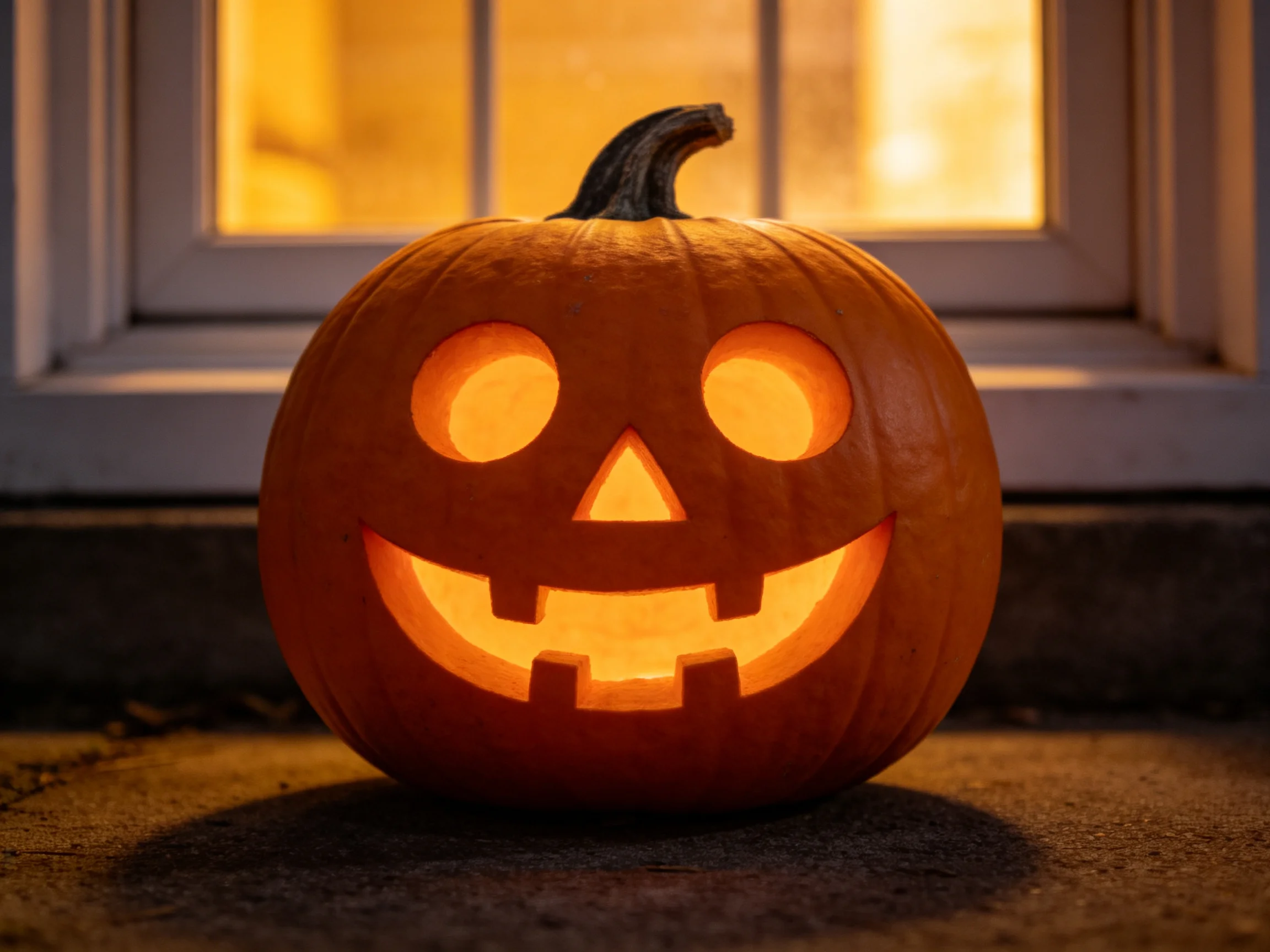 A glowing orange jack-o-lantern with triangular eyes and toothy grin near a lit window
