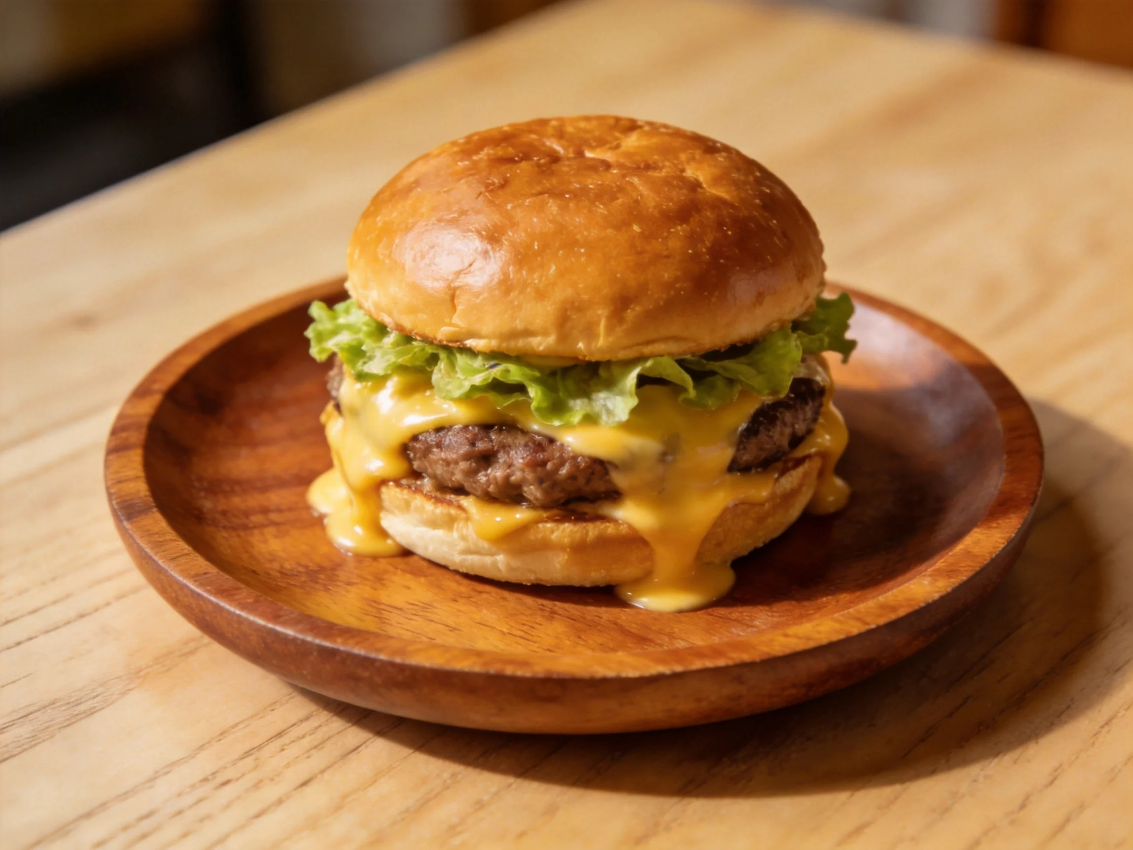 A golden-brown burger with melted cheese, fresh lettuce on wooden plate