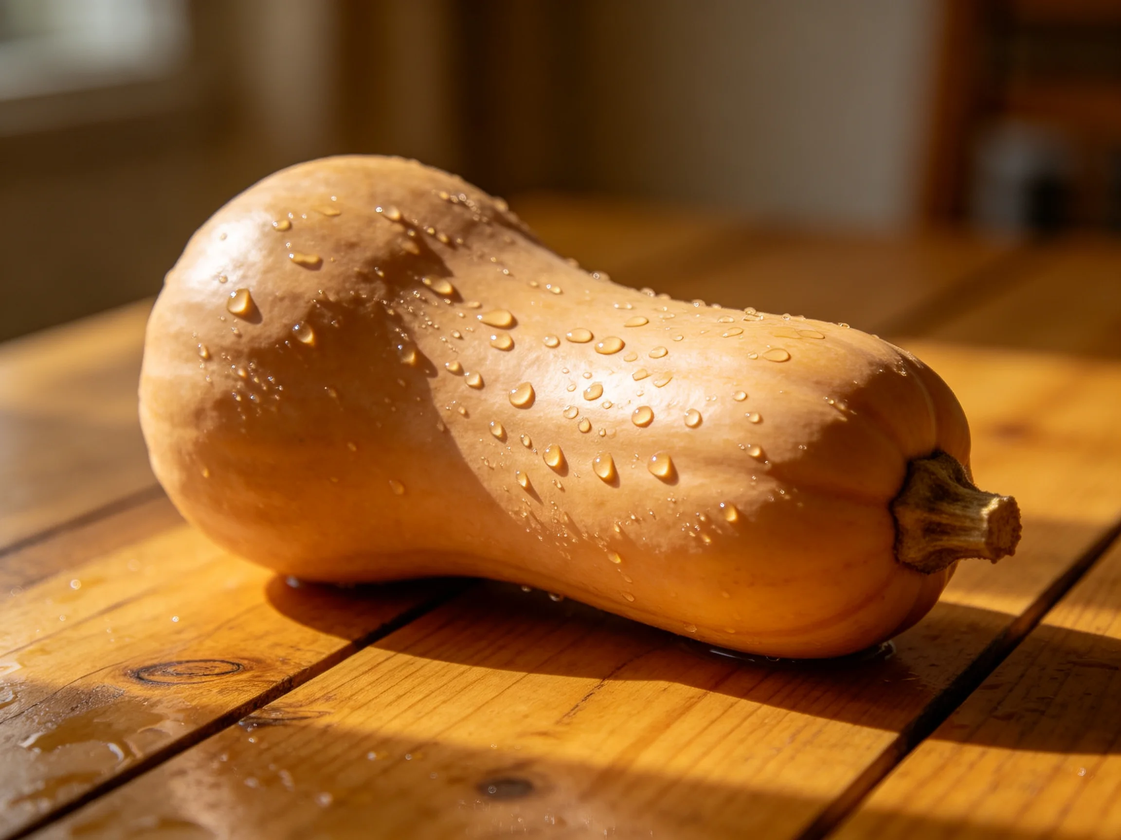 A golden-brown butternut squash with water droplets rests on a wooden table