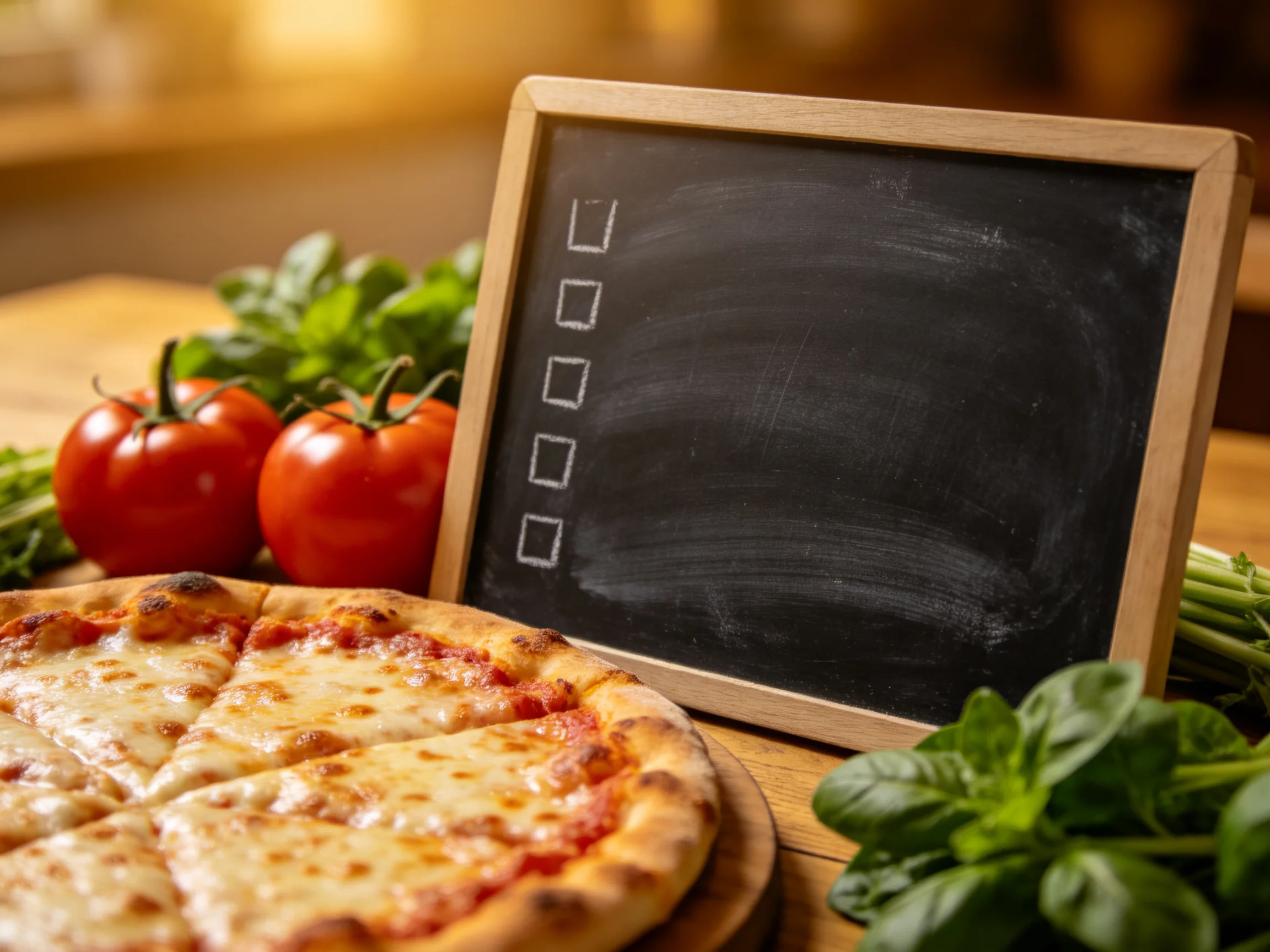 A golden-brown cheese pizza beside fresh red tomatoes and green basil near a small blackboard