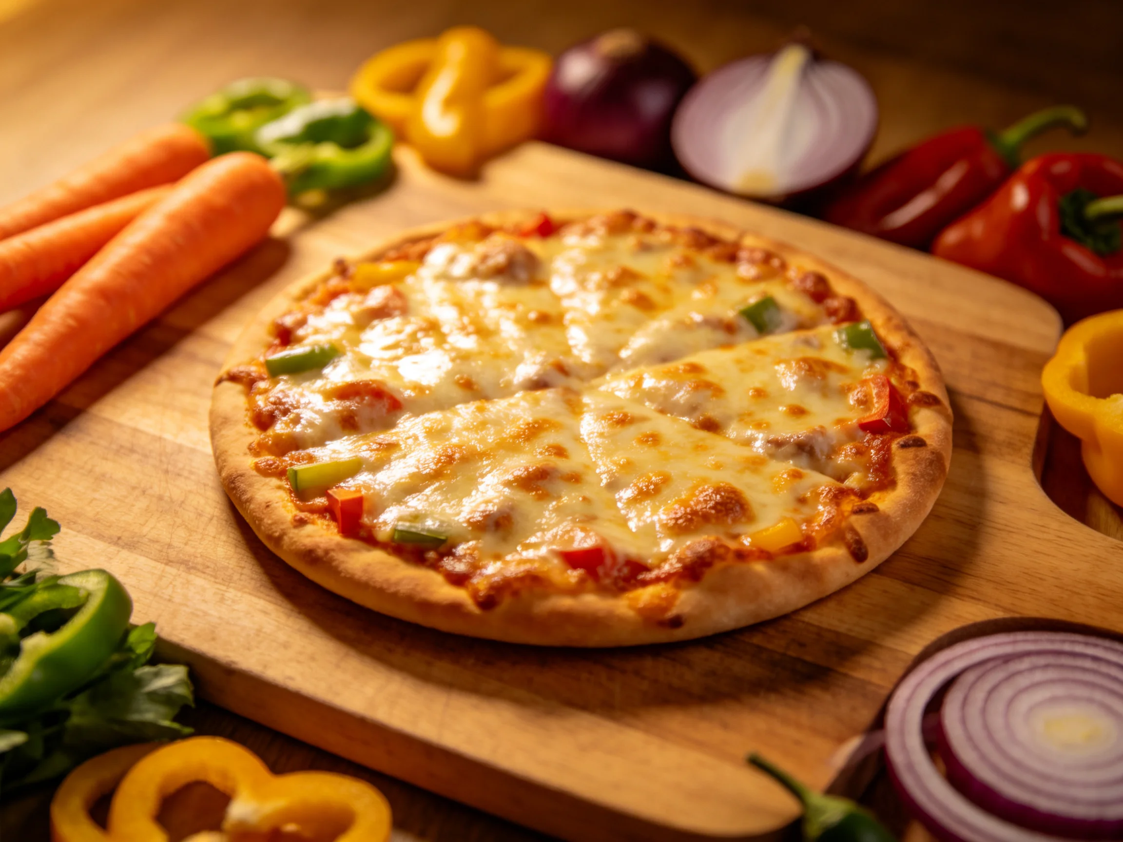 A golden-brown cheese pizza surrounded by colorful fresh vegetables