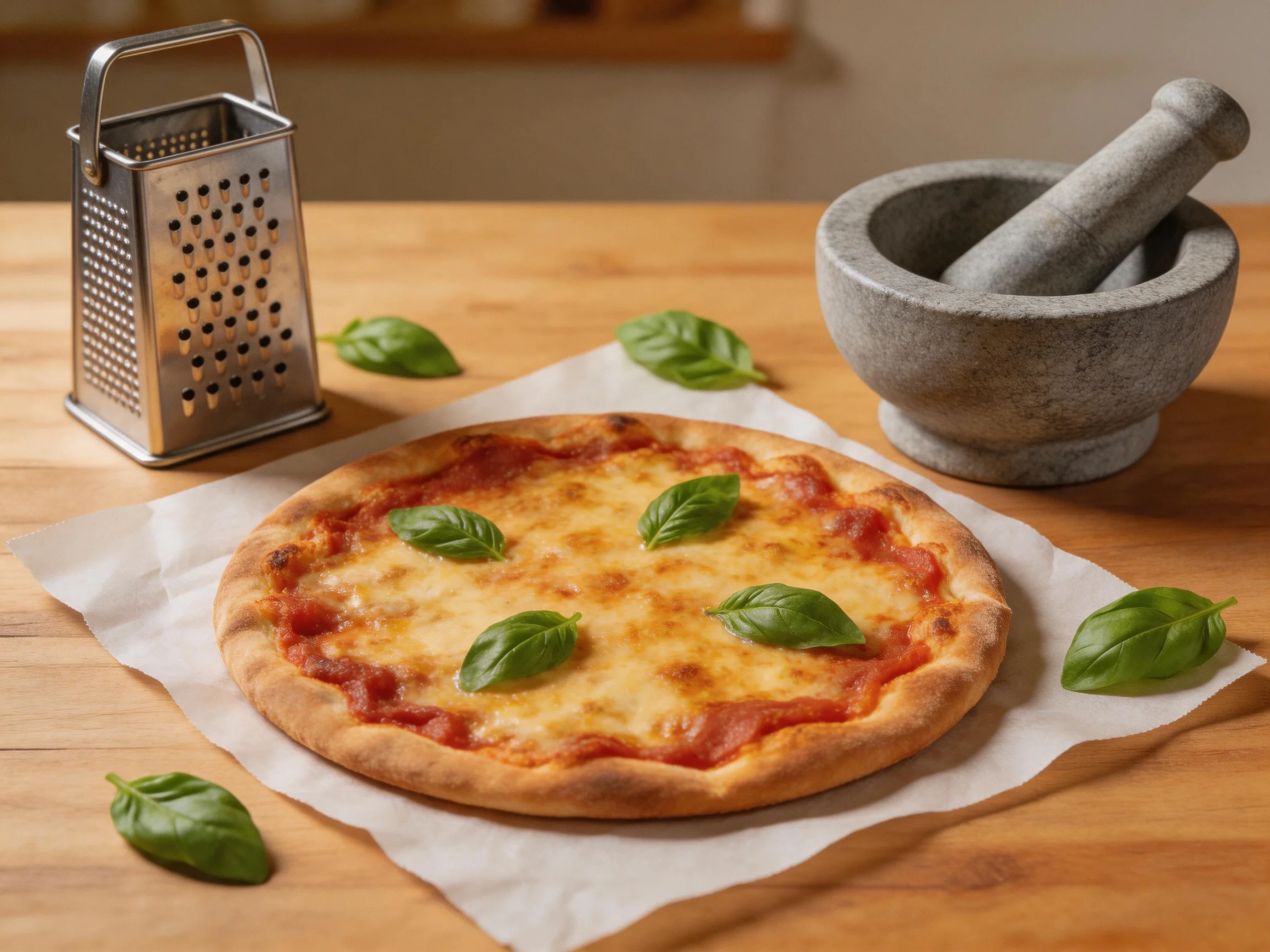 A golden-brown cheese pizza topped with fresh green basil