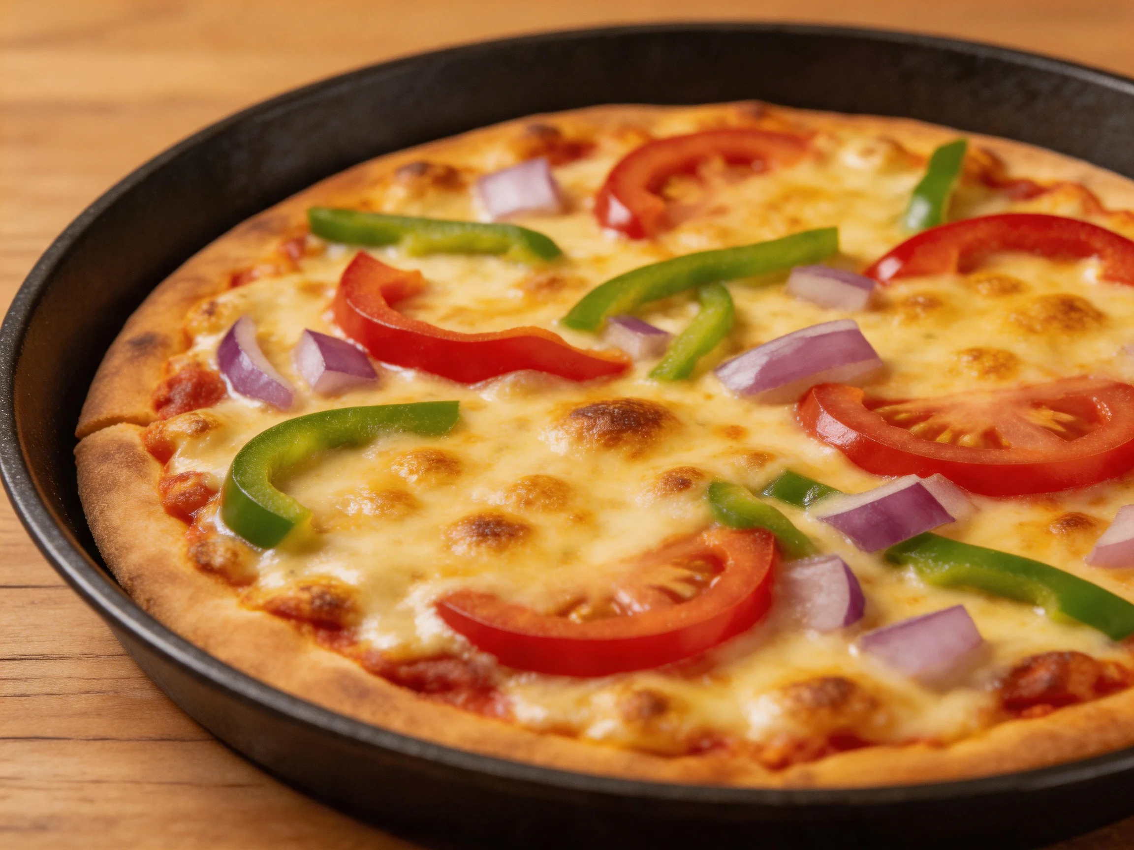 A golden-brown cheese pizza topped with red tomatoes, green peppers, and purple onions