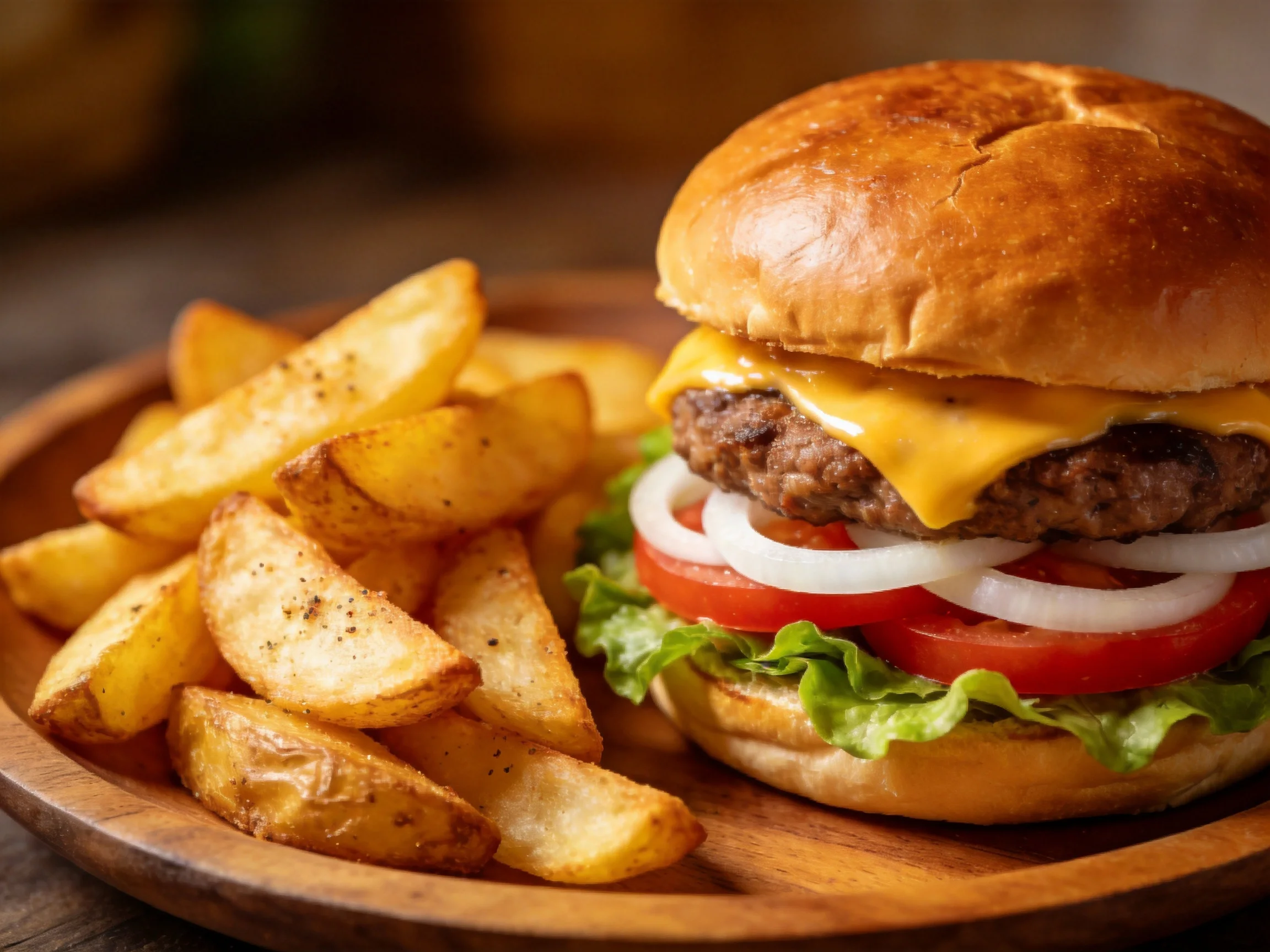 A golden-brown cheeseburger with fresh veggies serves alongside seasoned potato wedges