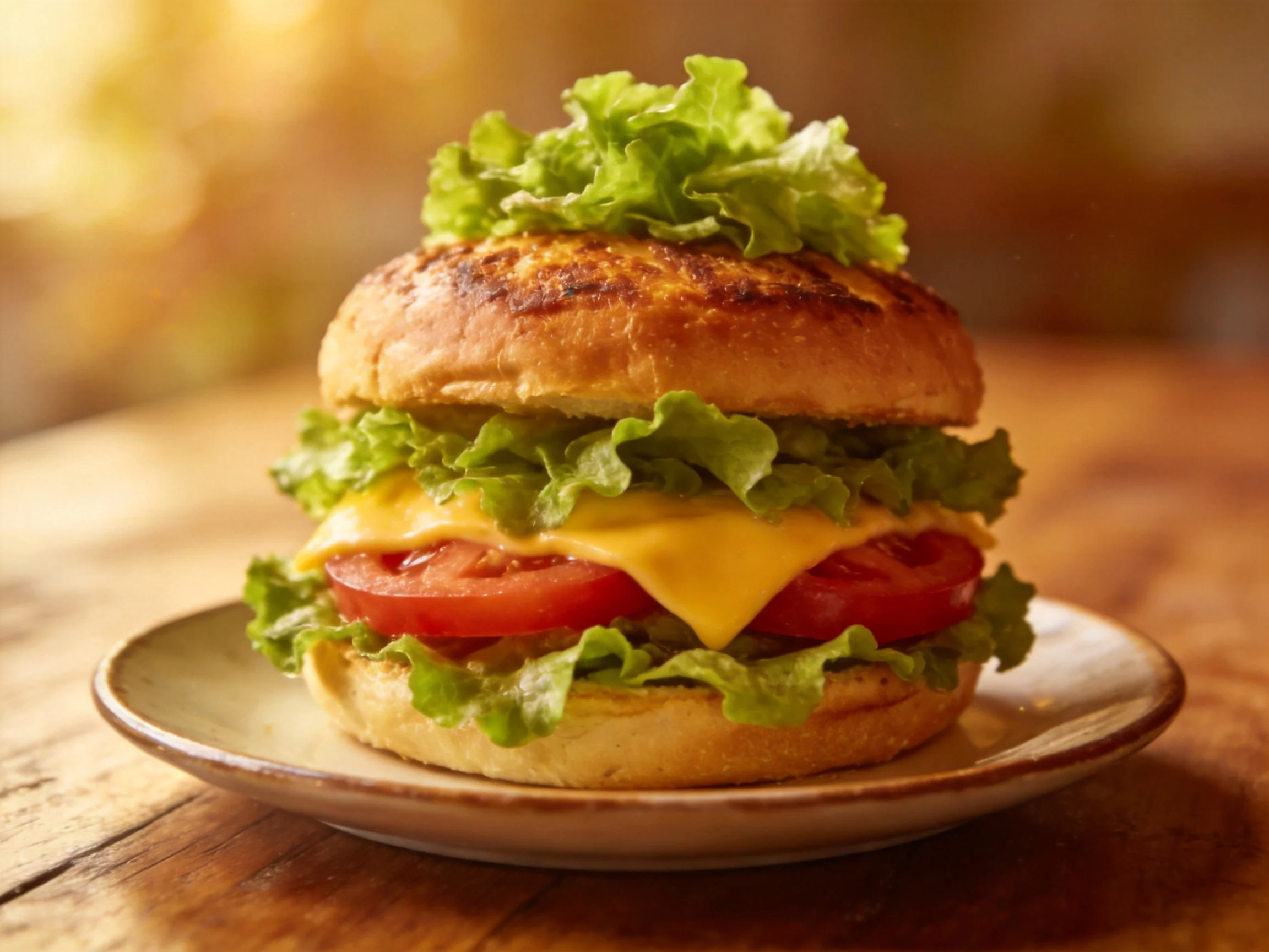 A golden-brown grilled burger stacked with fresh greens, cheese, and tomato slices