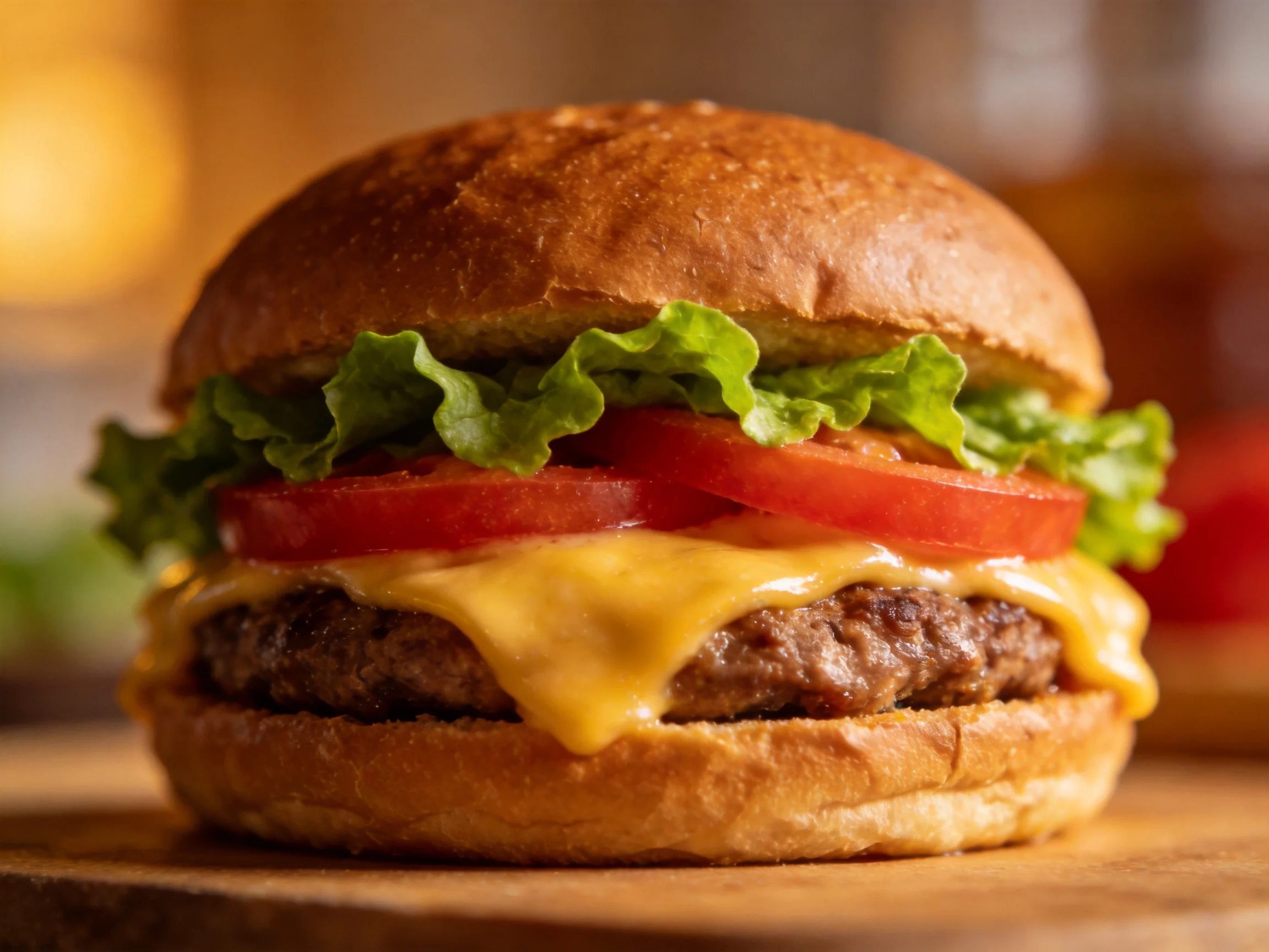 A golden-brown hamburger with melted cheese, fresh lettuce, and tomato slices
