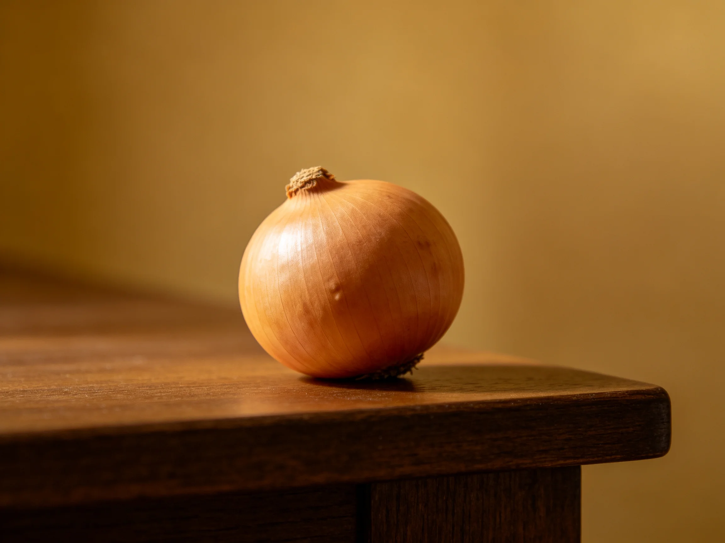 A golden-brown onion rests on a polished wooden table edge
