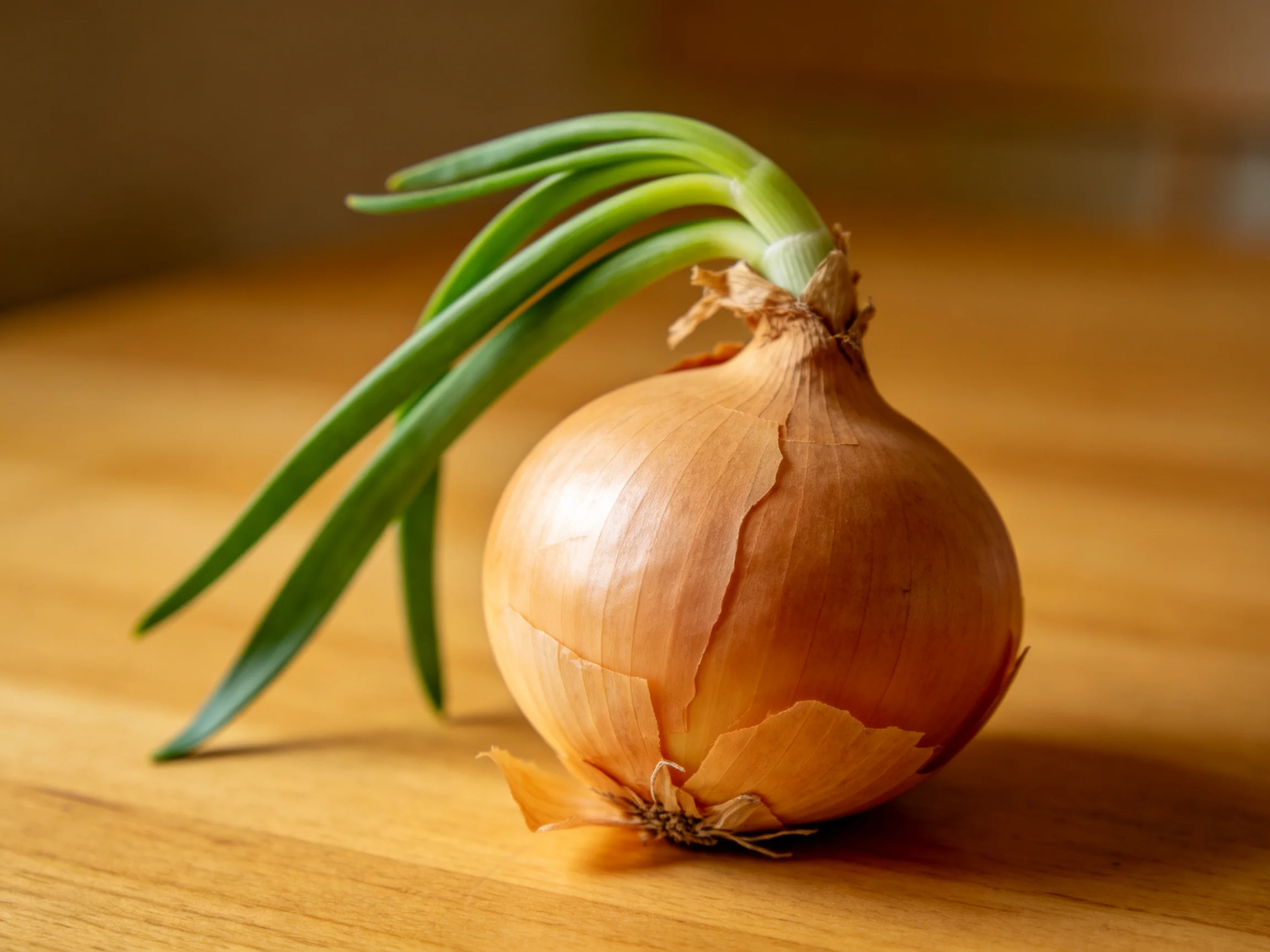 A golden-brown onion with fresh green sprouts emerging from its top on a wooden surface.