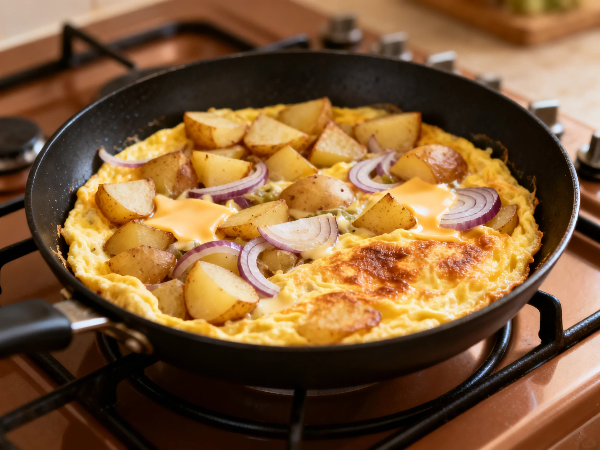 A golden-brown potato and onion omelette cooking in a black cast iron skillet