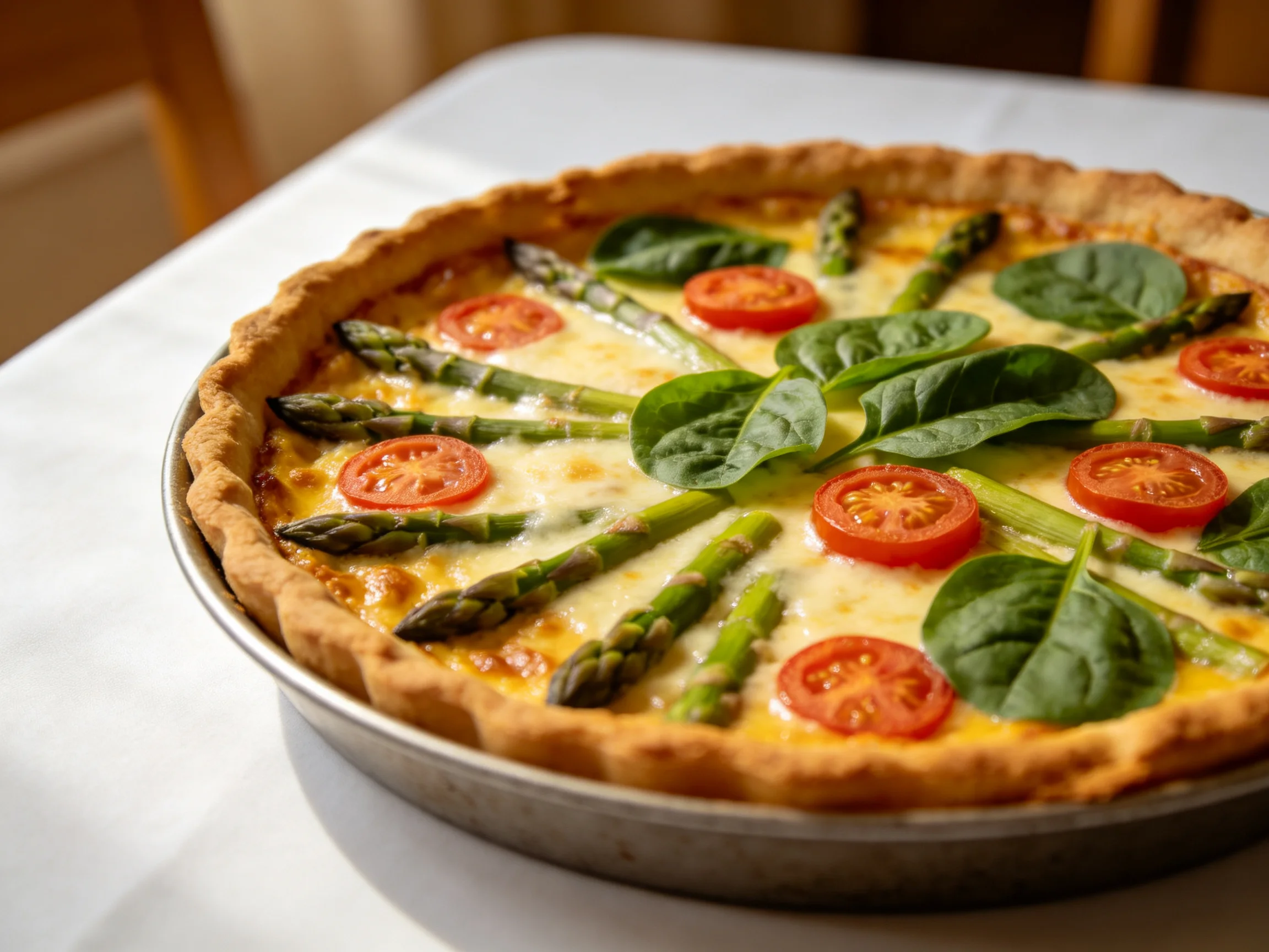 A vegetable-topped quiche sits on a white table.