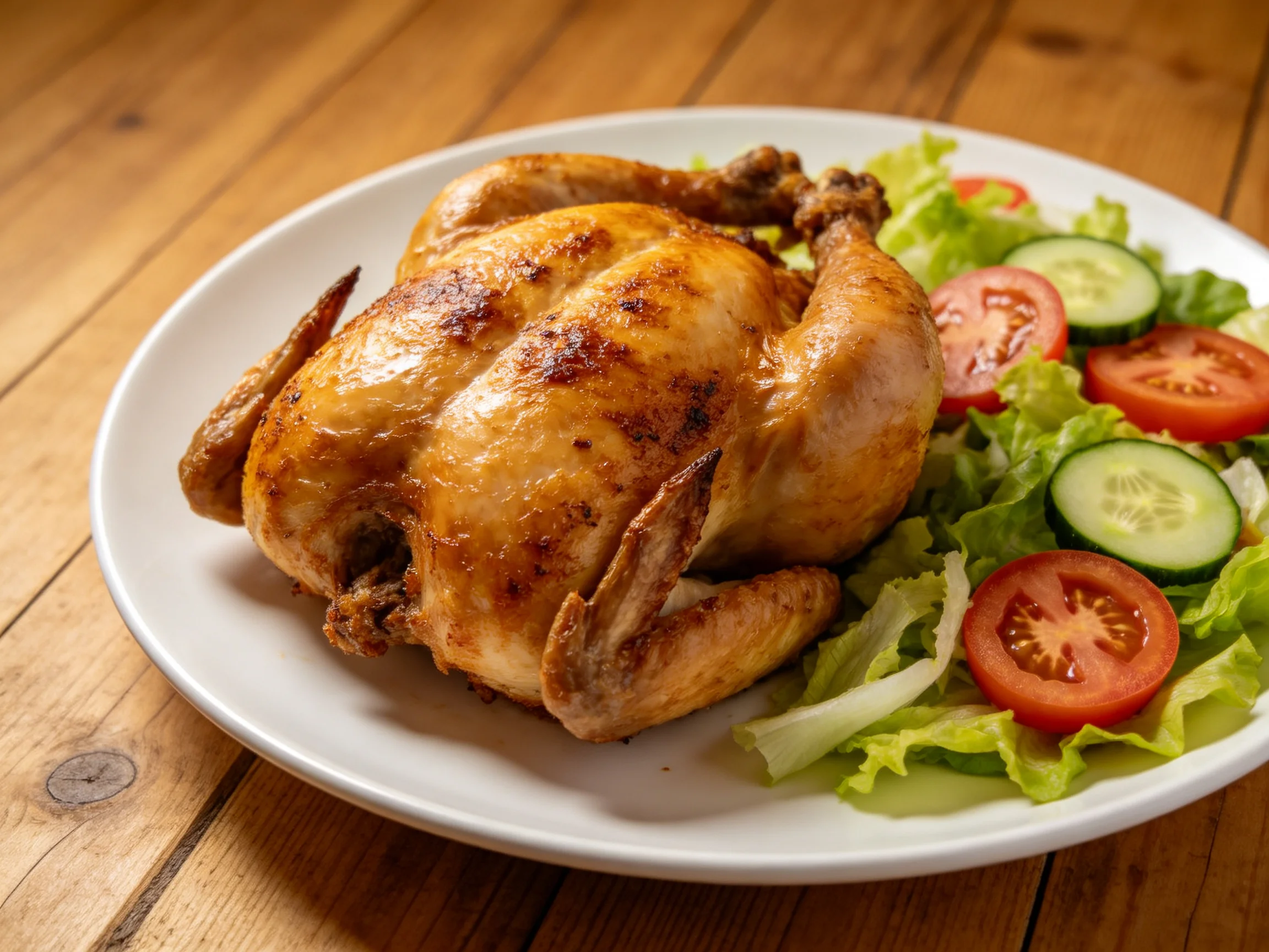 A golden-brown roasted chicken served with fresh vegetable salad