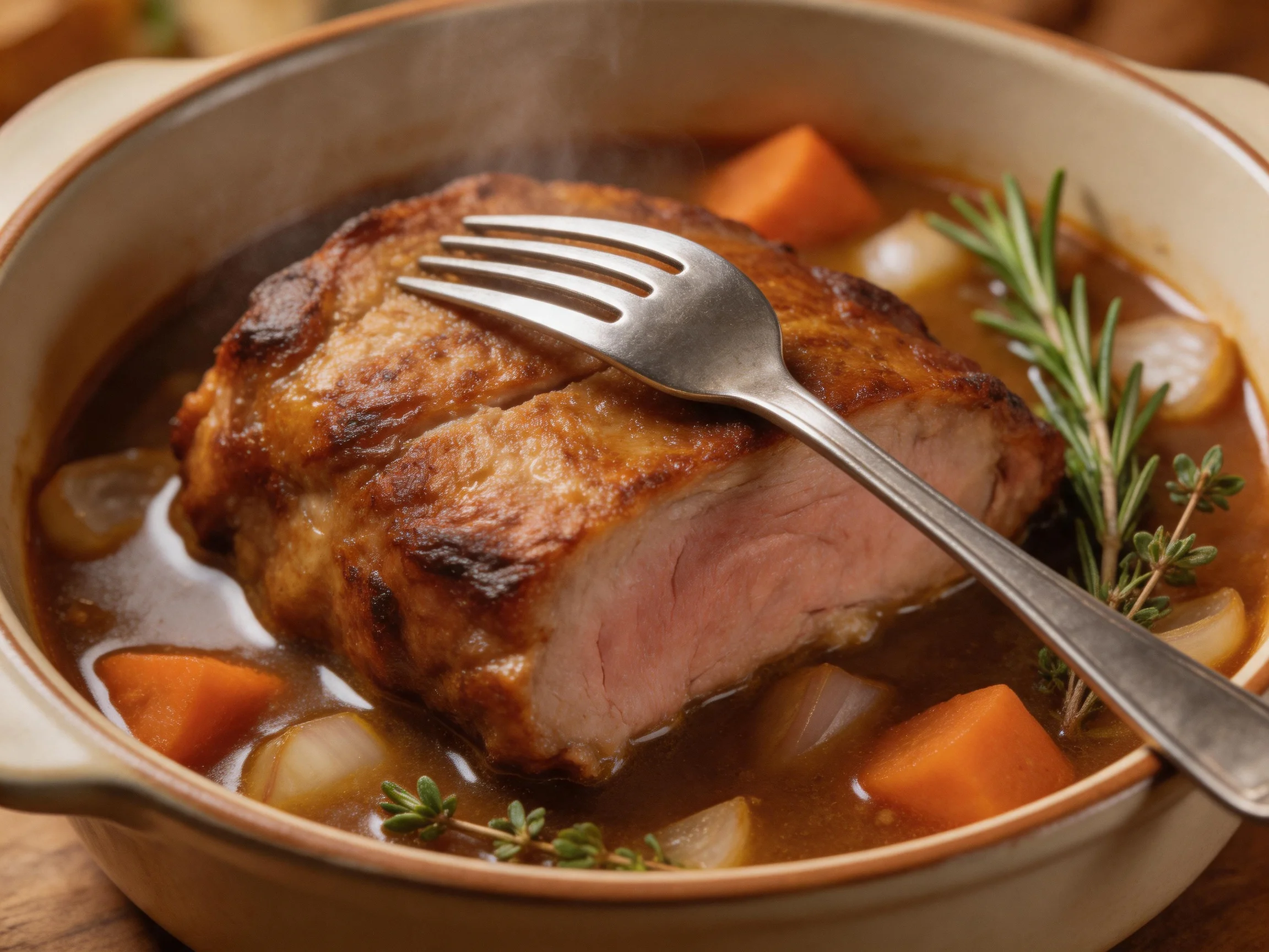 A golden-brown roasted pork chop with carrots, onions, and herbs in a savory sauce