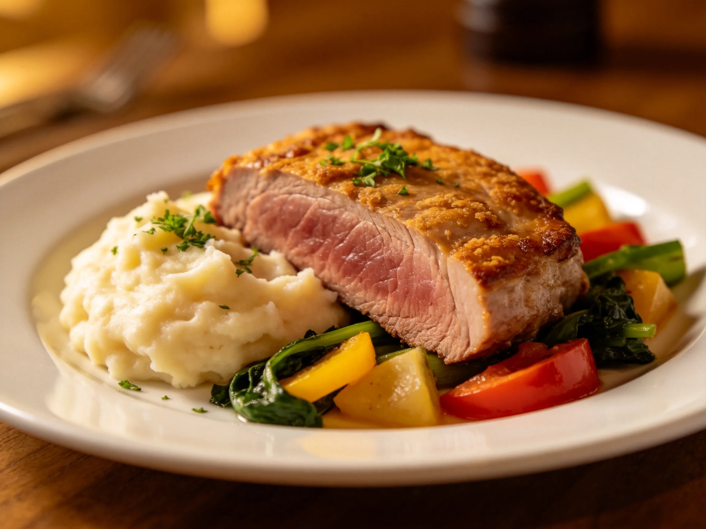 A golden-brown roasted pork chop with creamy mashed potatoes and vibrant mixed veggies