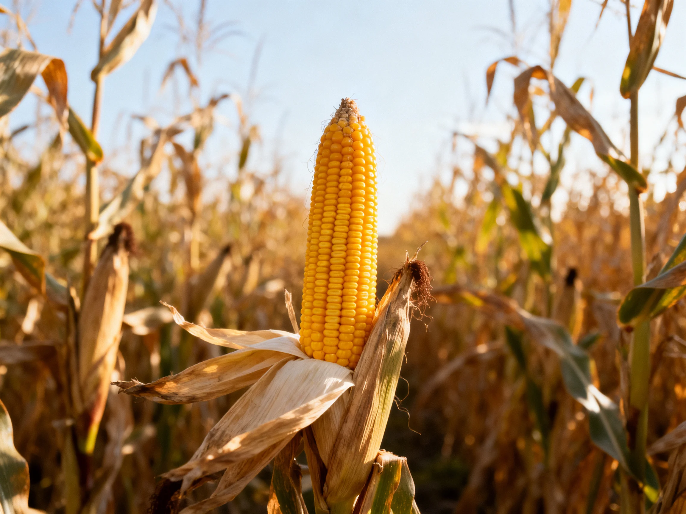 A golden corn cob stands amid dry corn stalks in a sunlit agricultural field