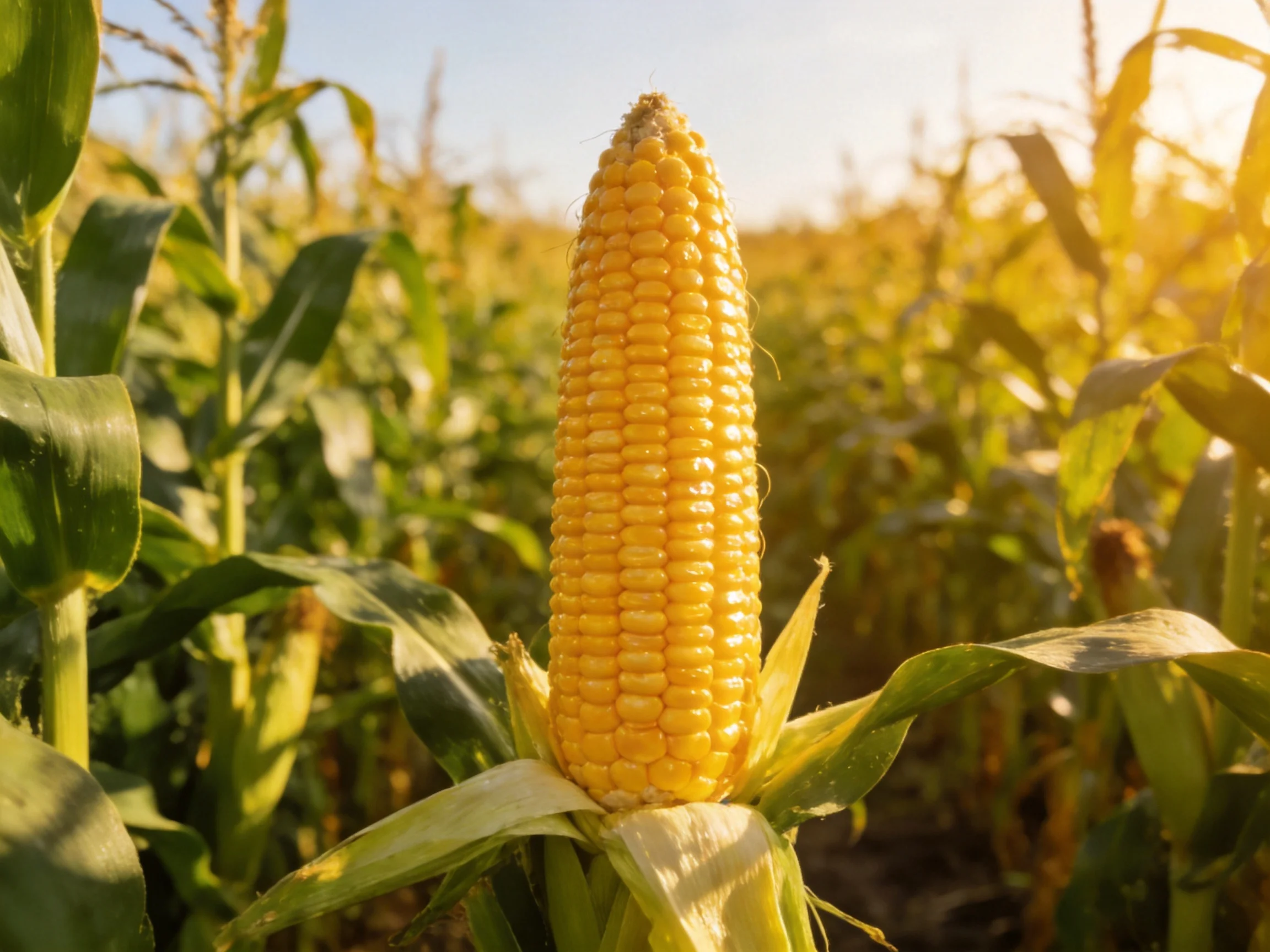 A golden corn cob stands prominently in a sunlit agricultural field