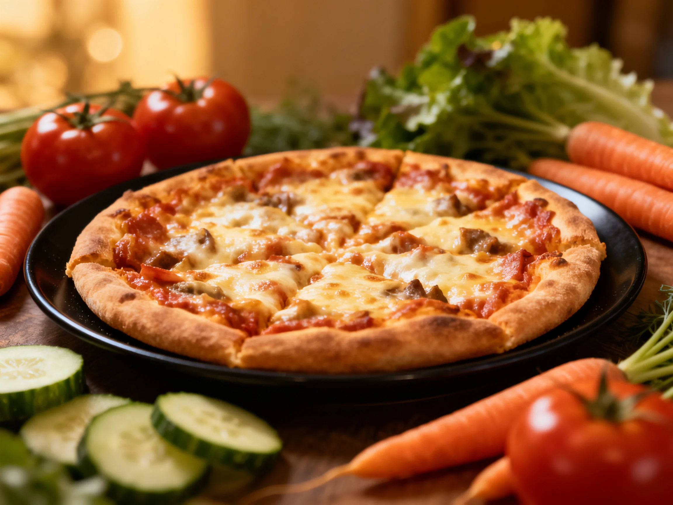 A golden-crust pizza surrounded by fresh vegetables including tomatoes, carrots, and cucumbers
