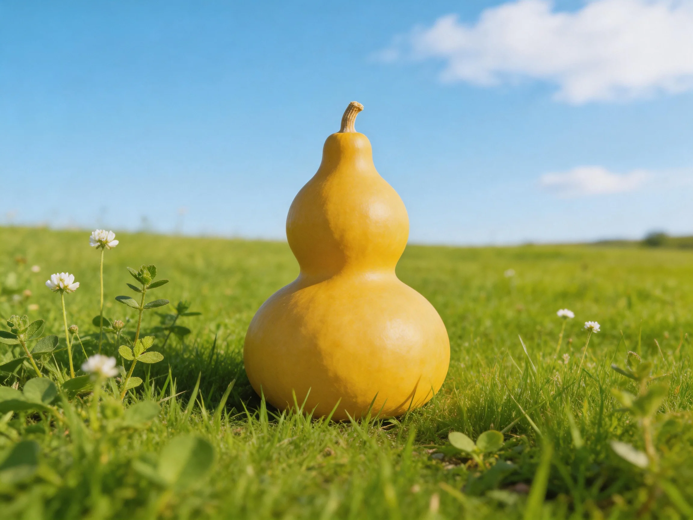 A golden gourd rests amid lush greenery under a bright blue sky