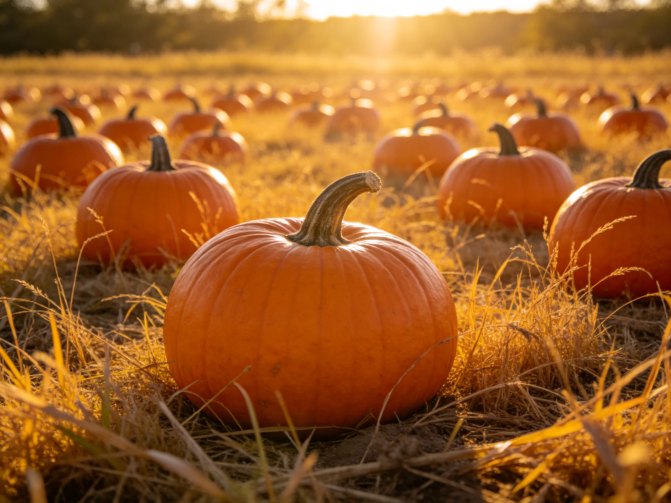A golden-hued pumpkin patch bathed in late-afternoon sunlight