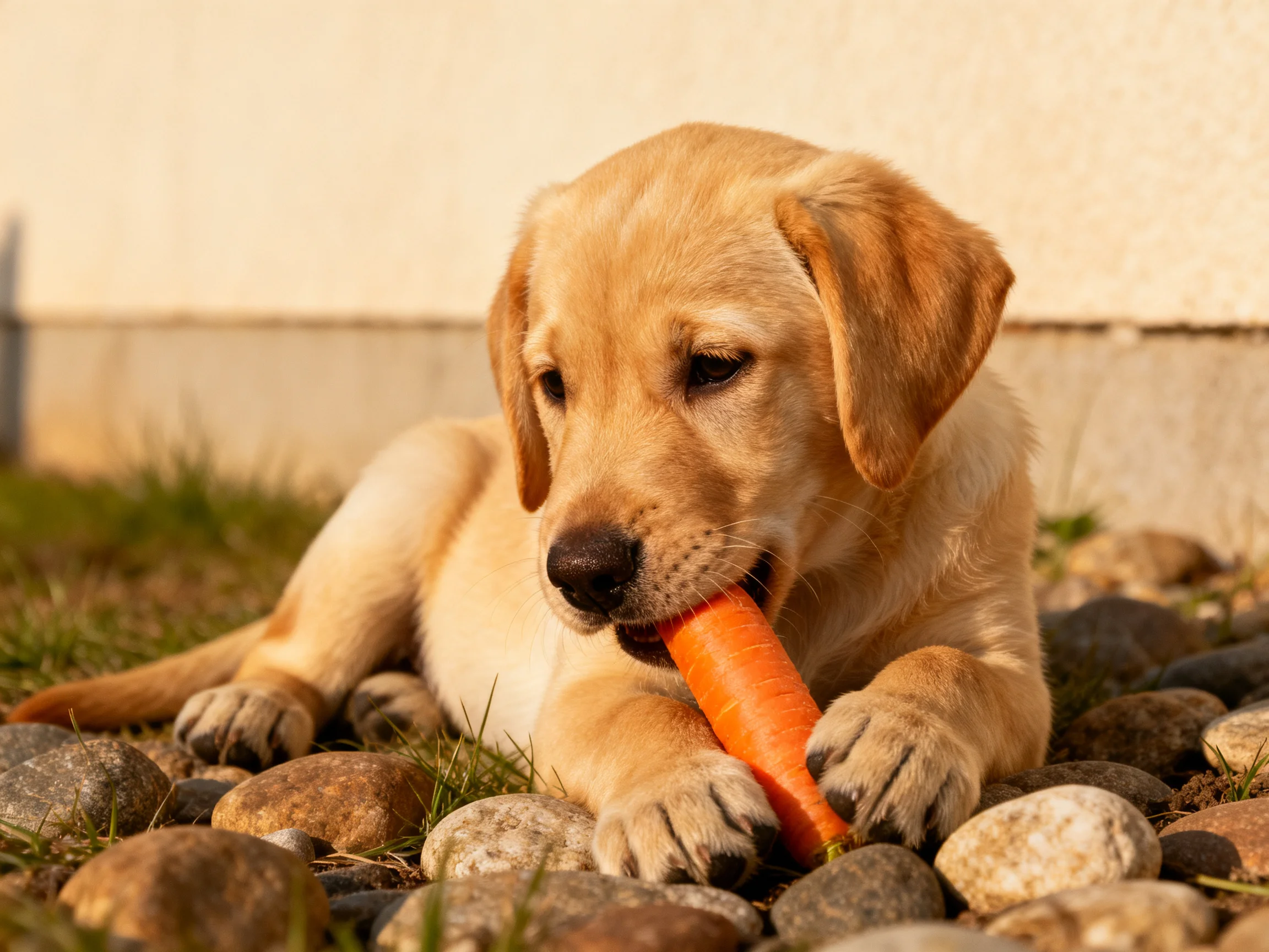 A golden retriever puppy chewing an orange carrot among stones and grass