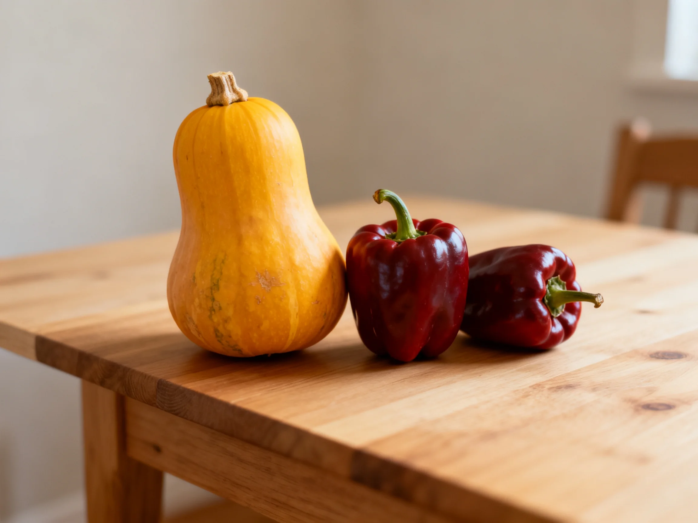 A golden squash beside two glossy red bell peppers on a wooden table