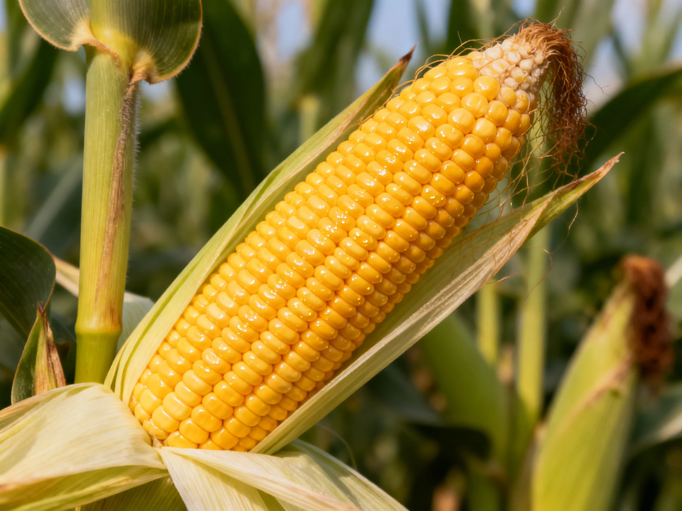 A golden-yellow corn cob with partially peeled green husk in a cornfield