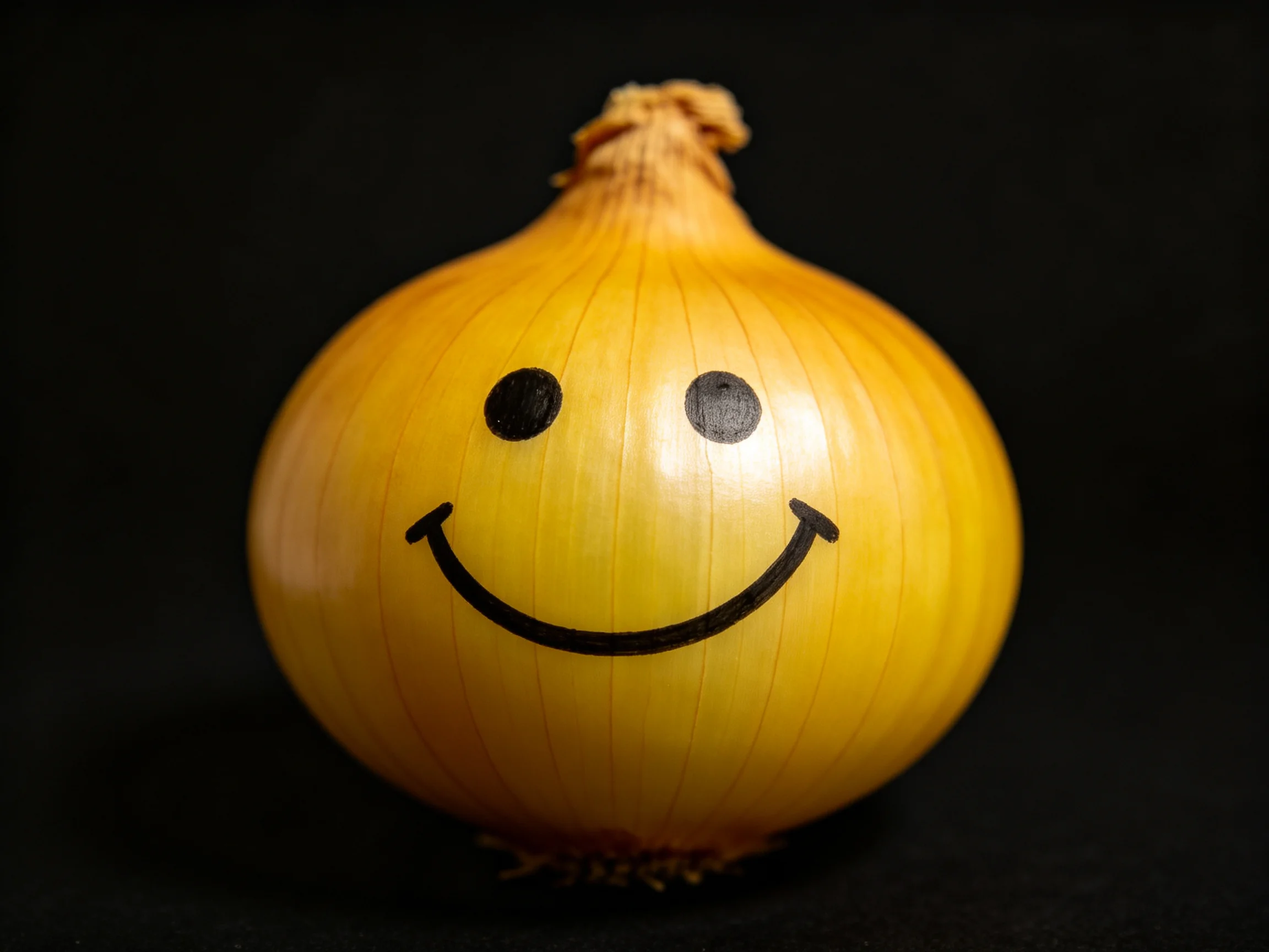 A golden-yellow onion with a hand-drawn smiley face on a black background