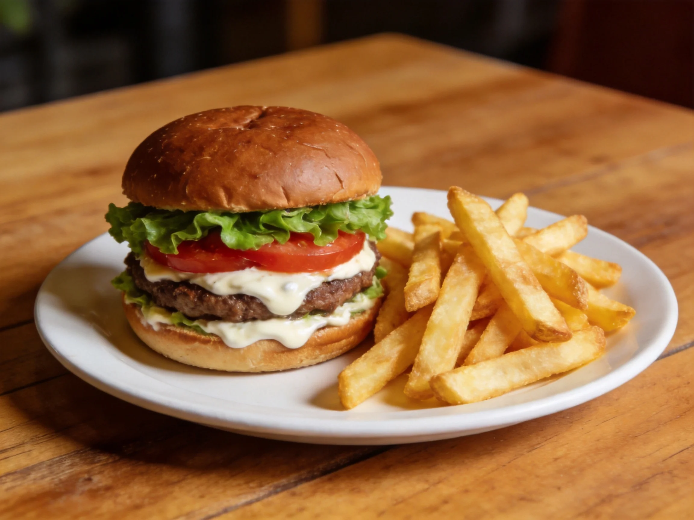 A gourmet burger with lettuce, tomato, and cheese sauce served with crispy fries