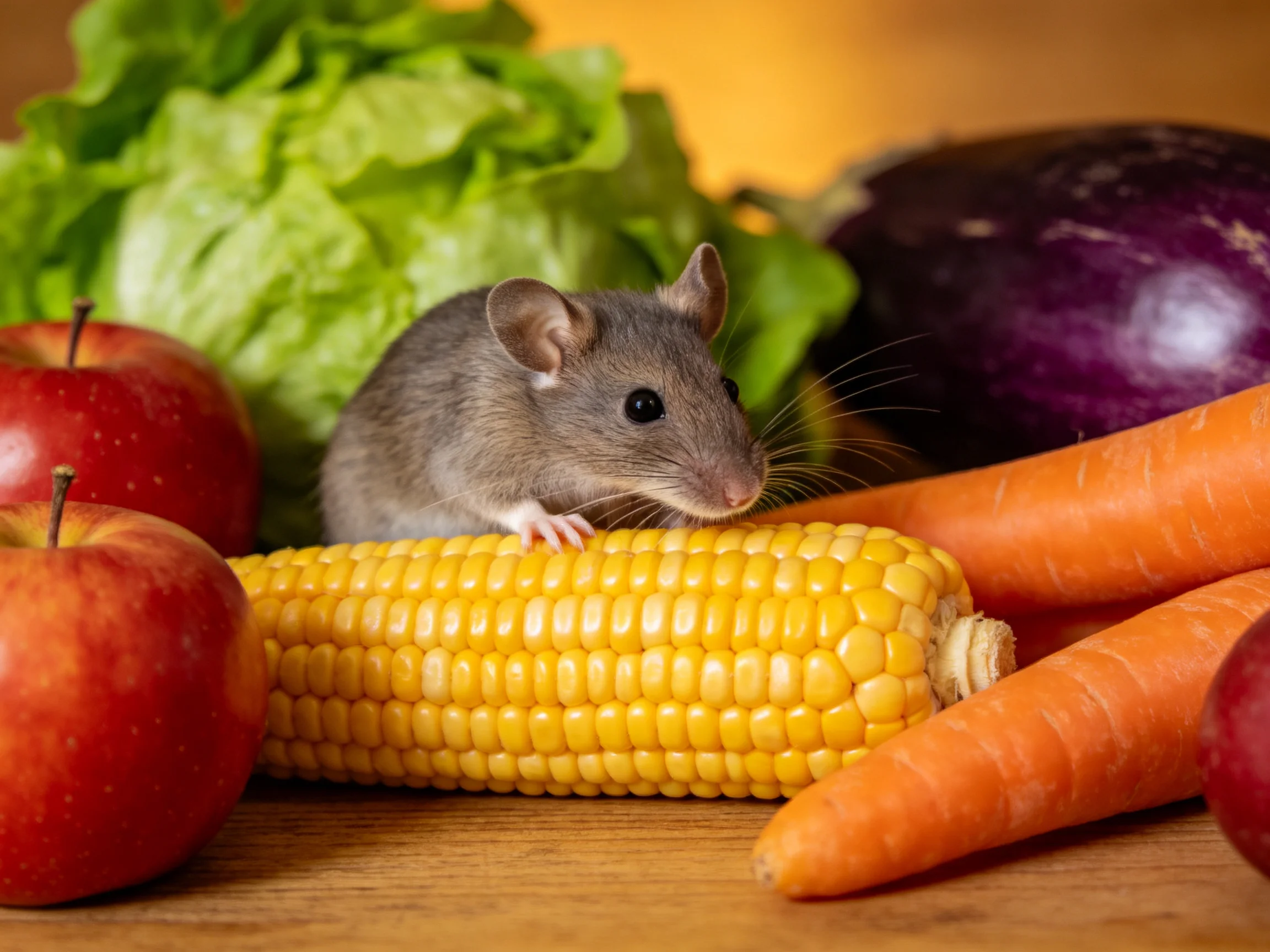 A gray mouse near yellow corn, red apples, orange carrots, and purple eggplant