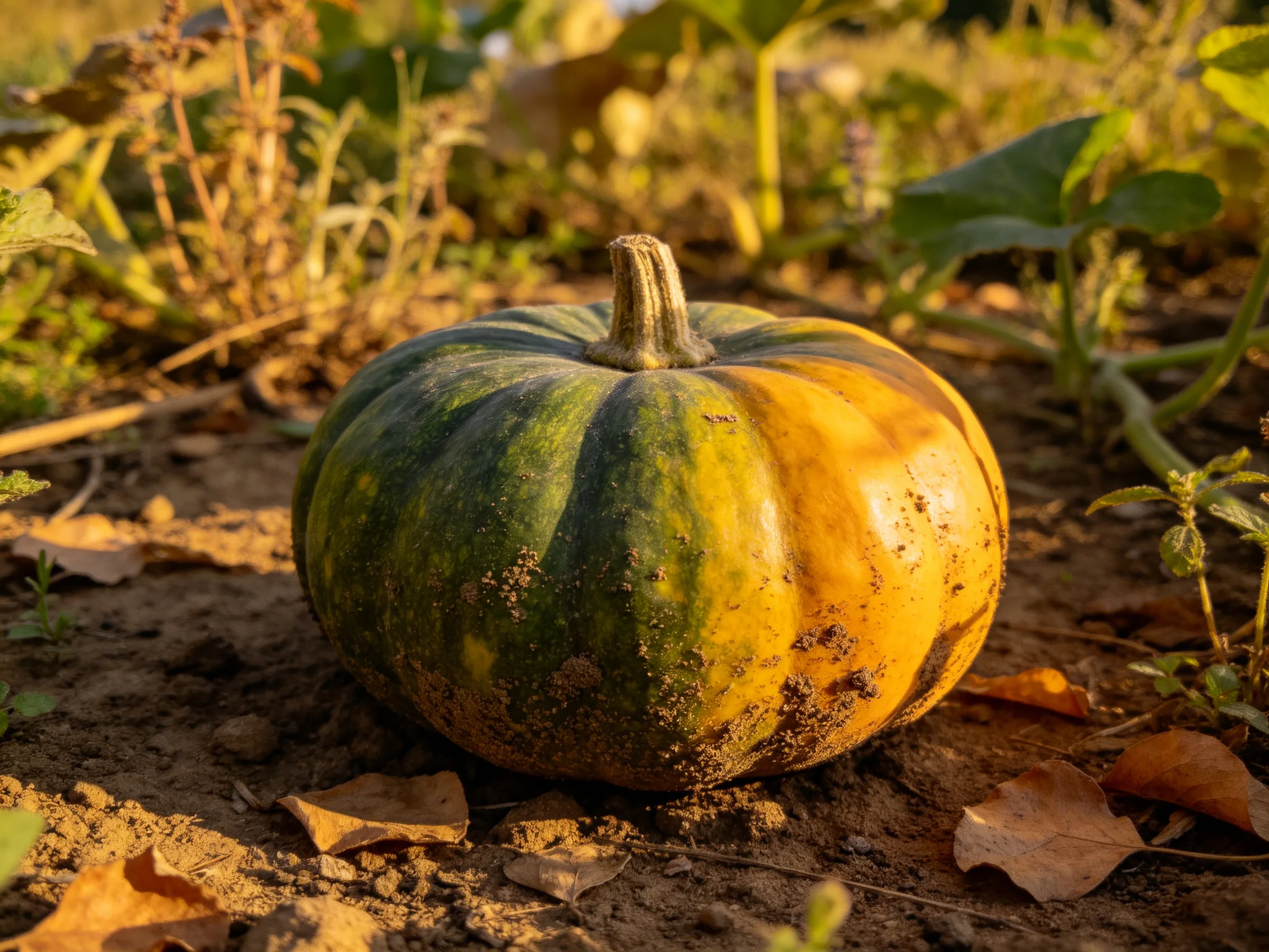 A green and orange striped pumpkin rests on garden soil near plants.