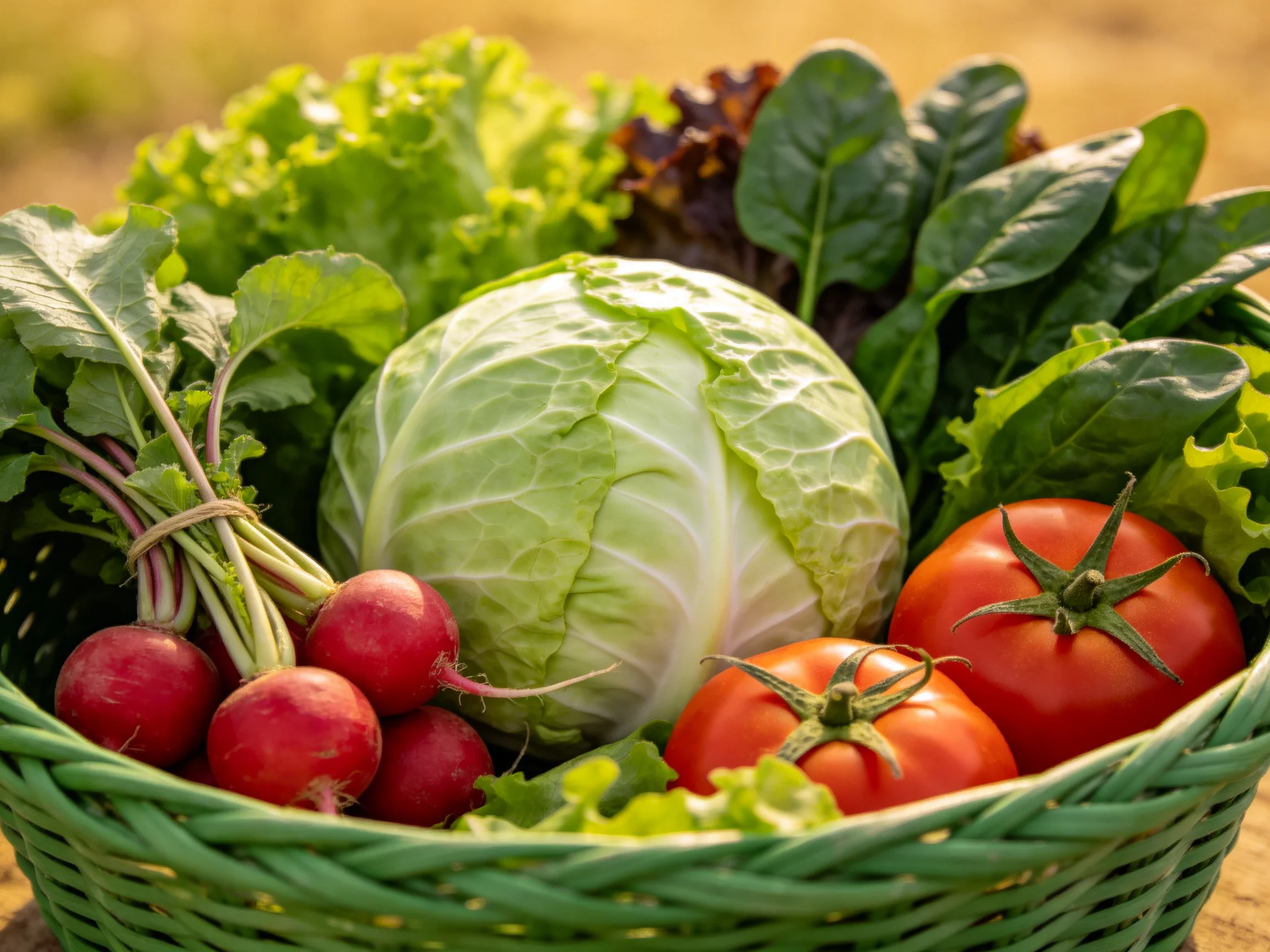 A green basket holds fresh cabbage, tomatoes, radishes, and leafy greens
