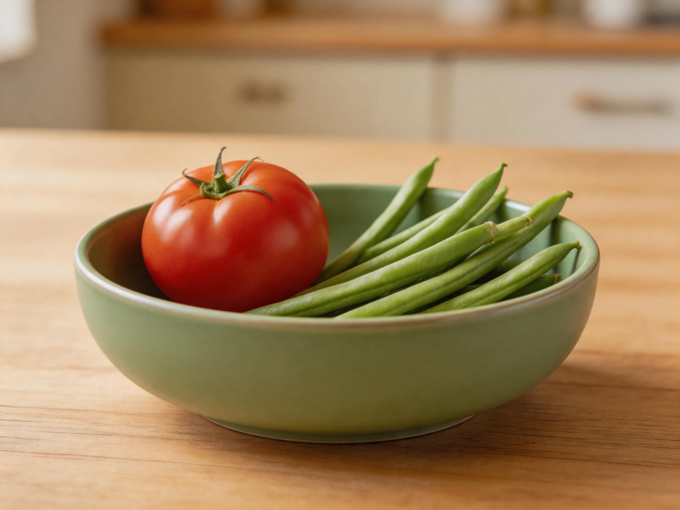 A green bowl contains a ripe red tomato and fresh green beans